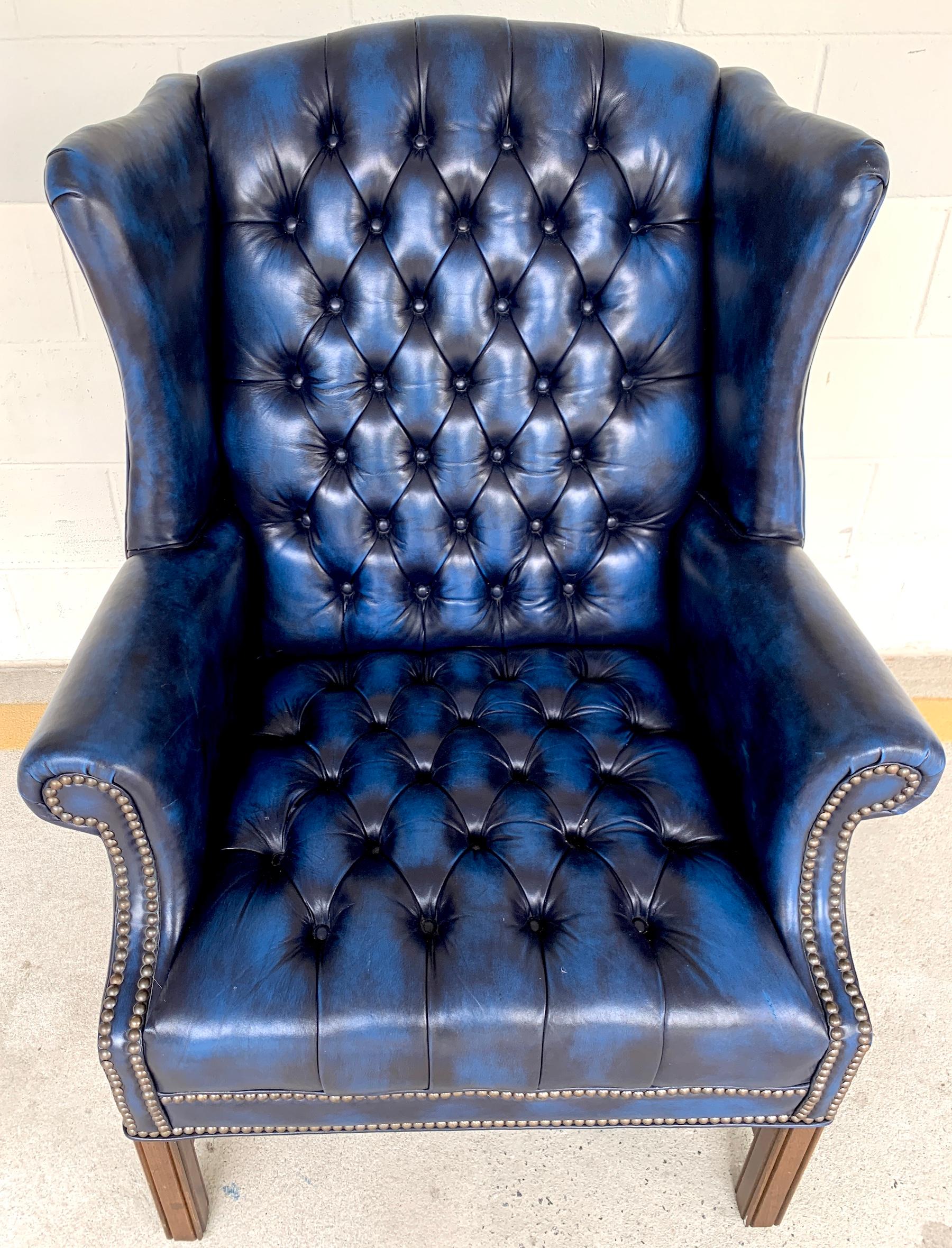 20th Century Pair of English Hollywood Regency blue leather Wing Back Chesterfield Chairs