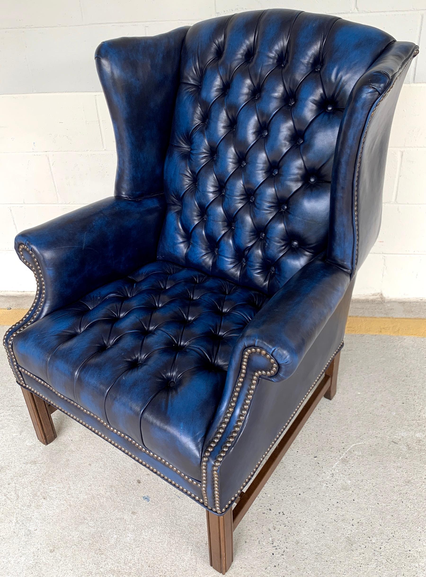 Leather Pair of English Hollywood Regency blue leather Wing Back Chesterfield Chairs