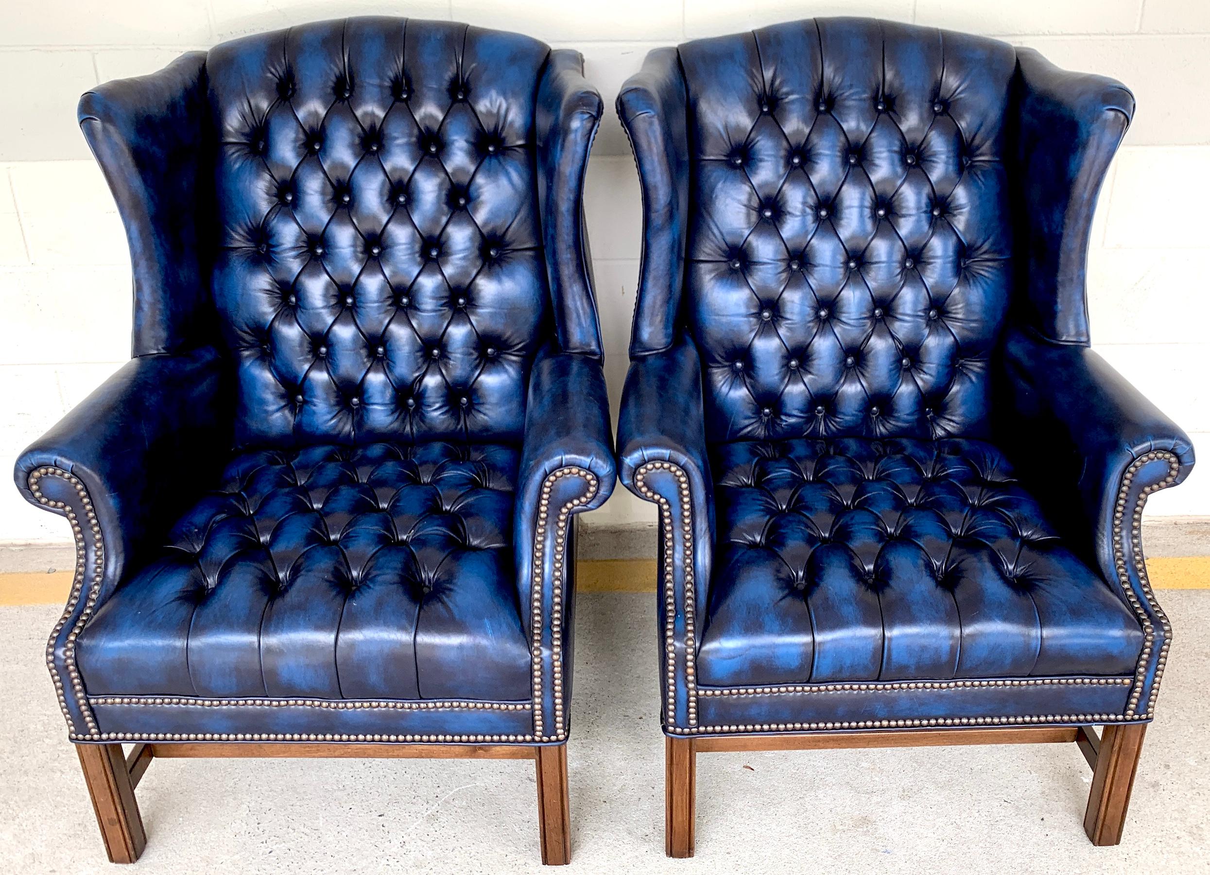 Pair of English Hollywood Regency blue leather Wing Back Chesterfield Chairs 1