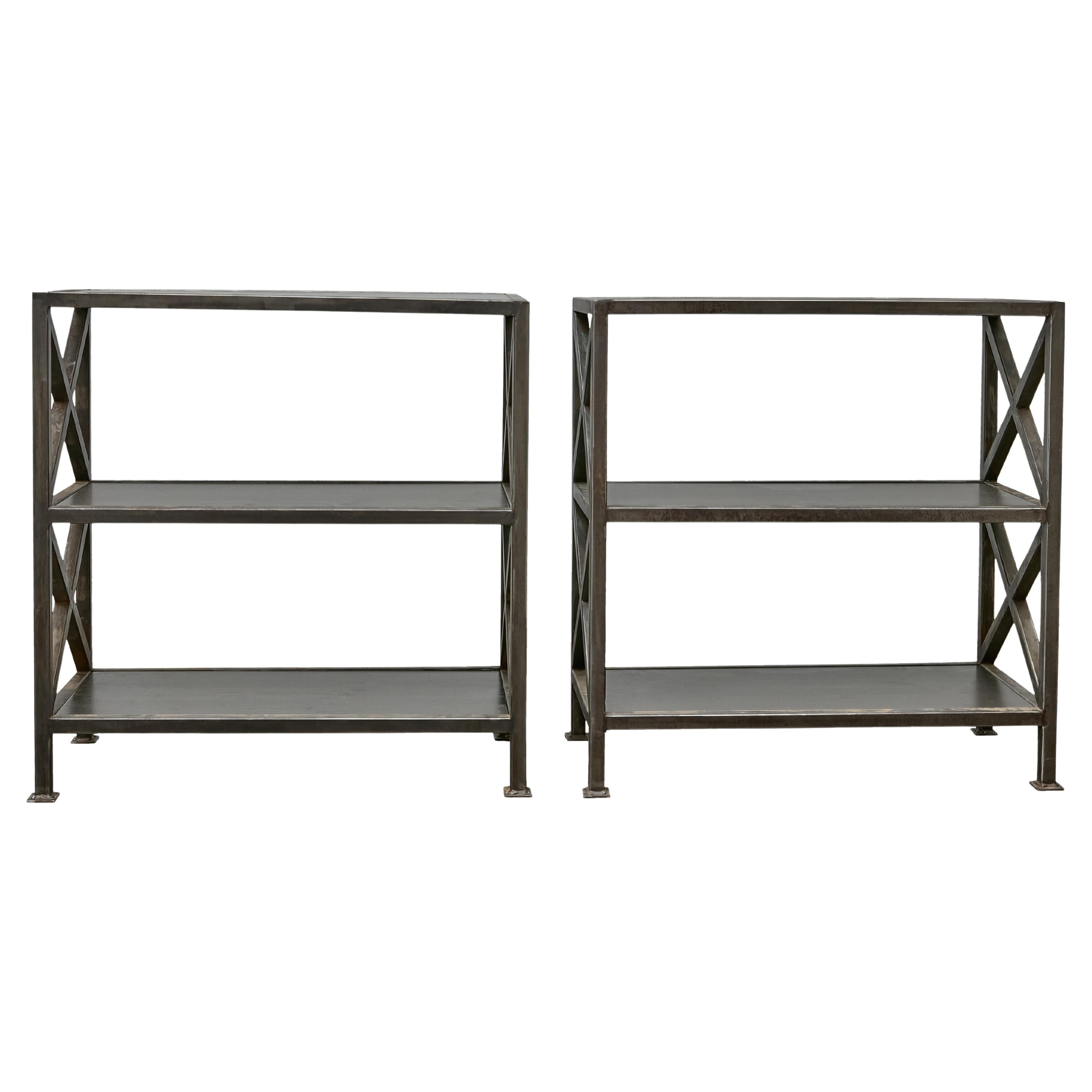 Pair of English Iron Midcentury Étagères with Inset Wooden Shelves