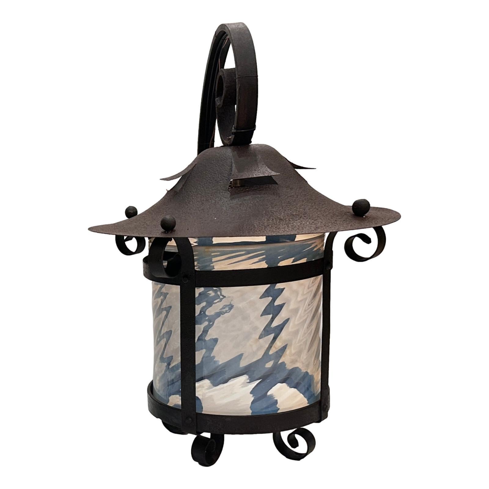 Opaline Glass Pair of English Iron Outdoor Wall Lanterns For Sale