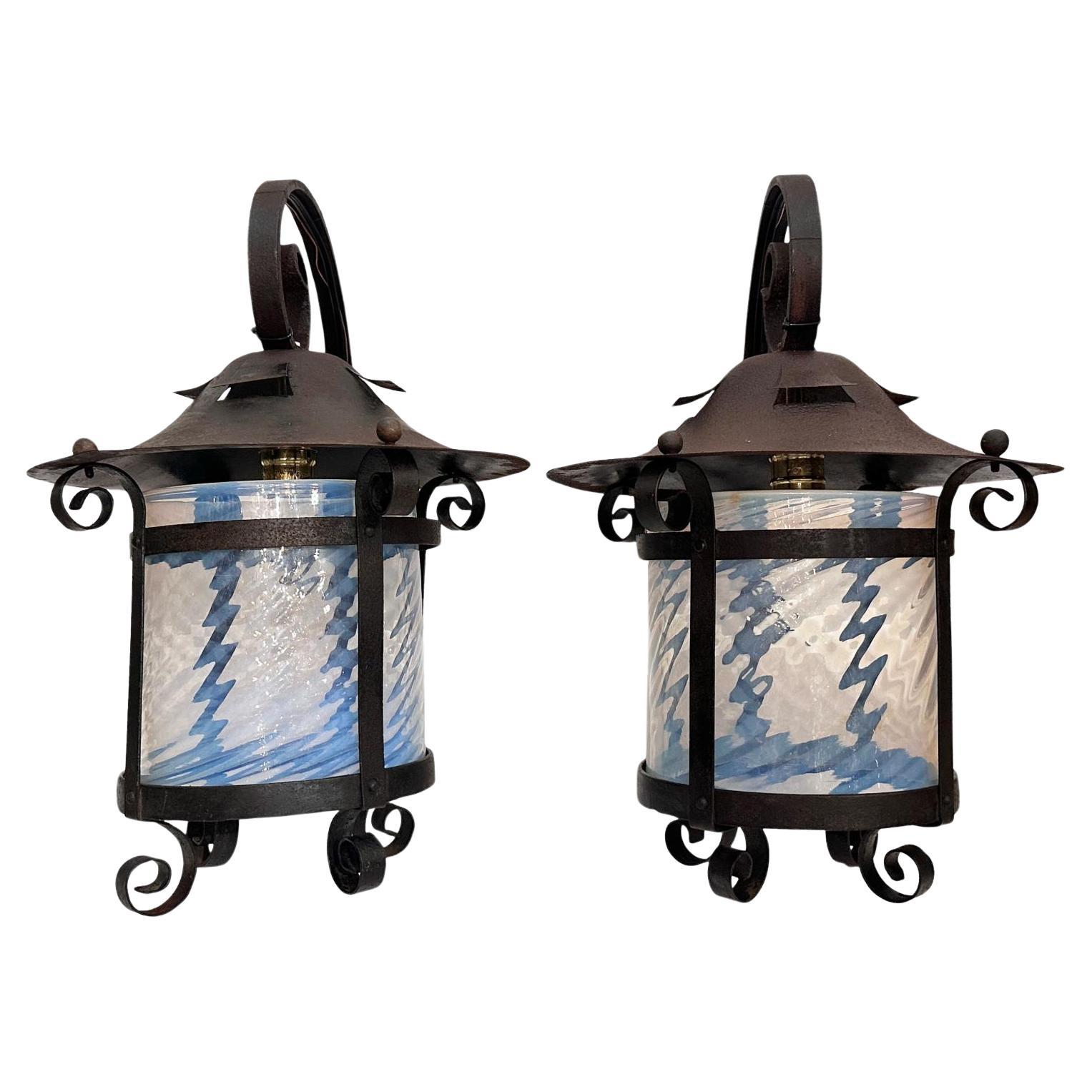 Pair of English Iron Outdoor Wall Lanterns For Sale