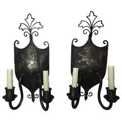 Pair of English Iron Shields with Lion Motif Sconces, Early 20th Century Pair of English Iron Shields with Lion Motif Sconces, Early 20th Century