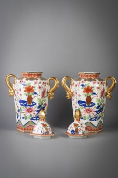 Pair of English Ironstone Imari Hexagonal Covered Vases, circa 1815