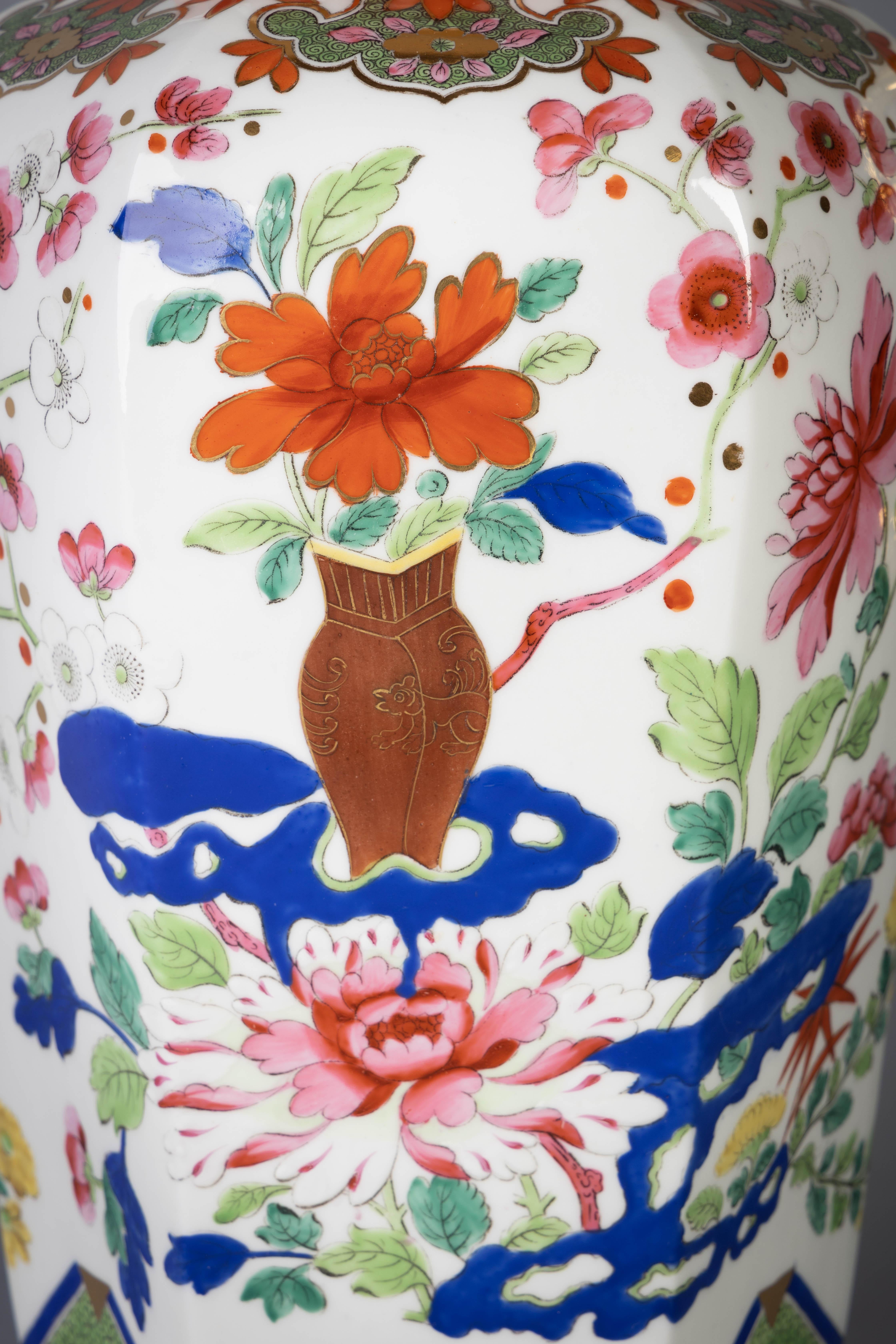 Porcelain Pair of English Ironstone Imari Hexagonal Covered Vases, circa 1815 For Sale