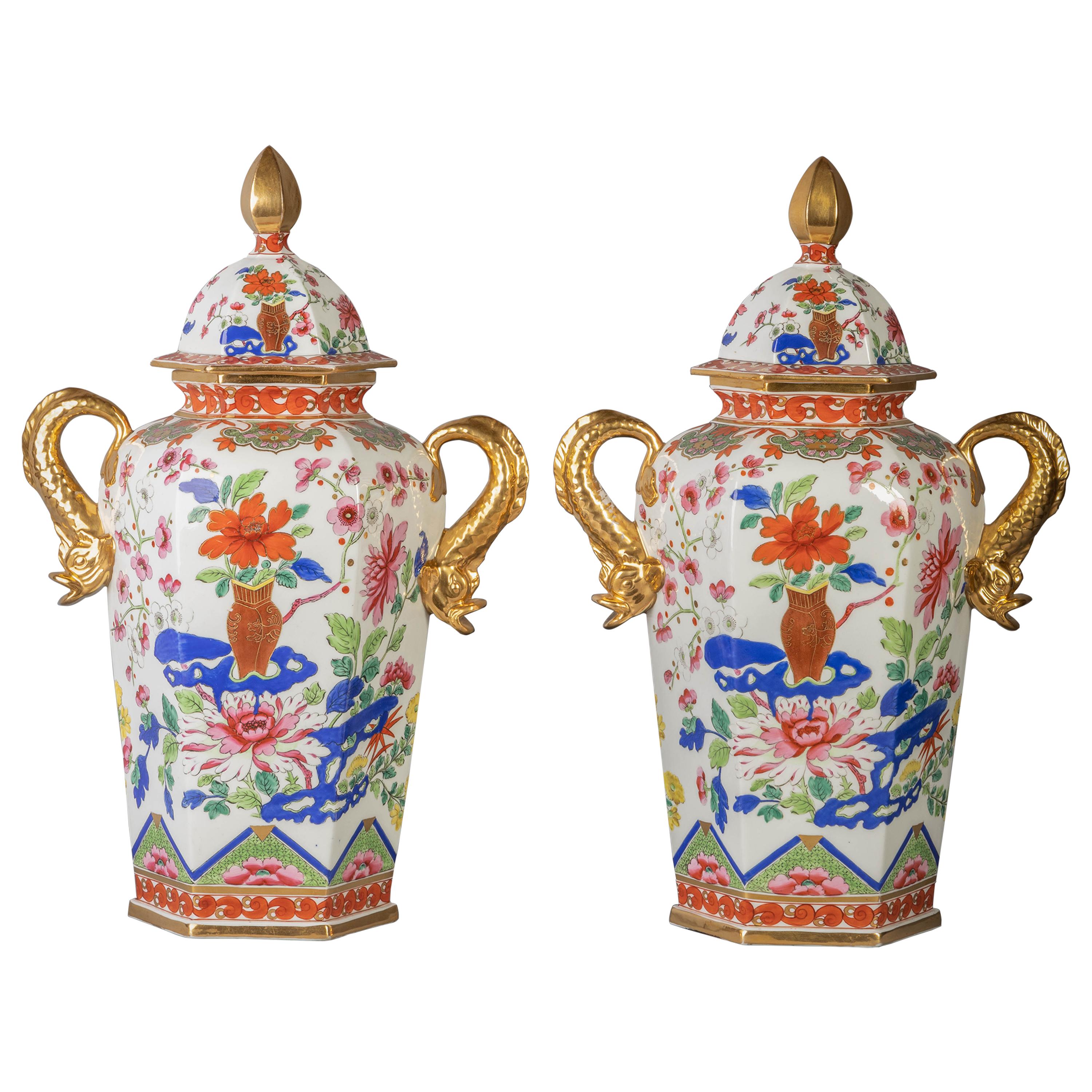Pair of English Ironstone Imari Hexagonal Covered Vases, circa 1815