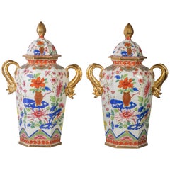 Antique Pair of English Ironstone Imari Hexagonal Covered Vases, circa 1815