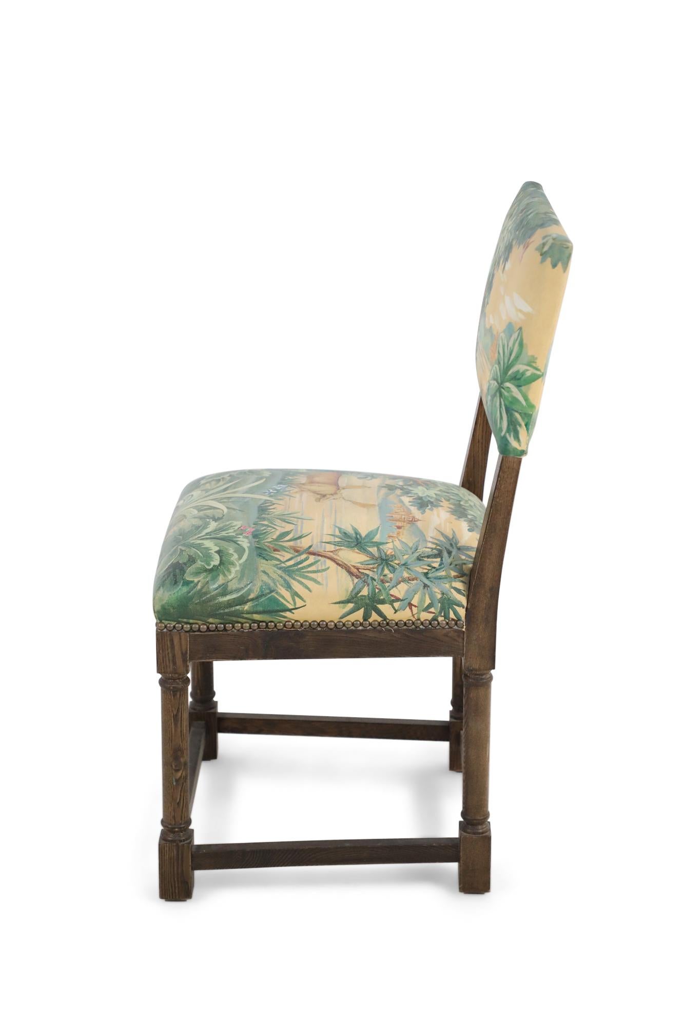 Pair of English Jacobean Style Faux Tapestry Painted Upholstery Side Chairs In Good Condition In New York, NY
