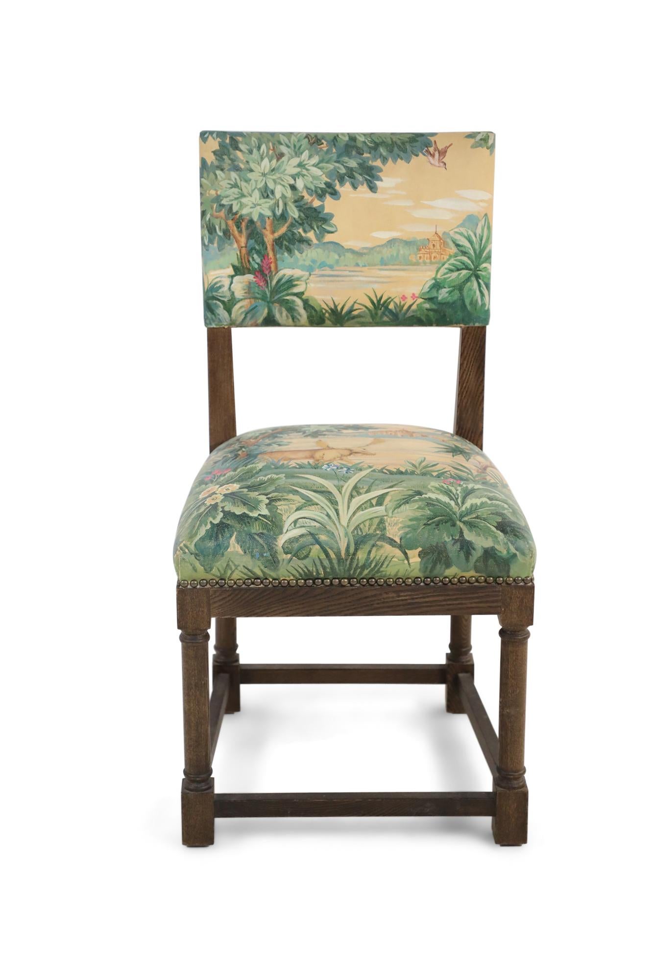 Pair of English Jacobean Style Faux Tapestry Painted Upholstery Side Chairs 3