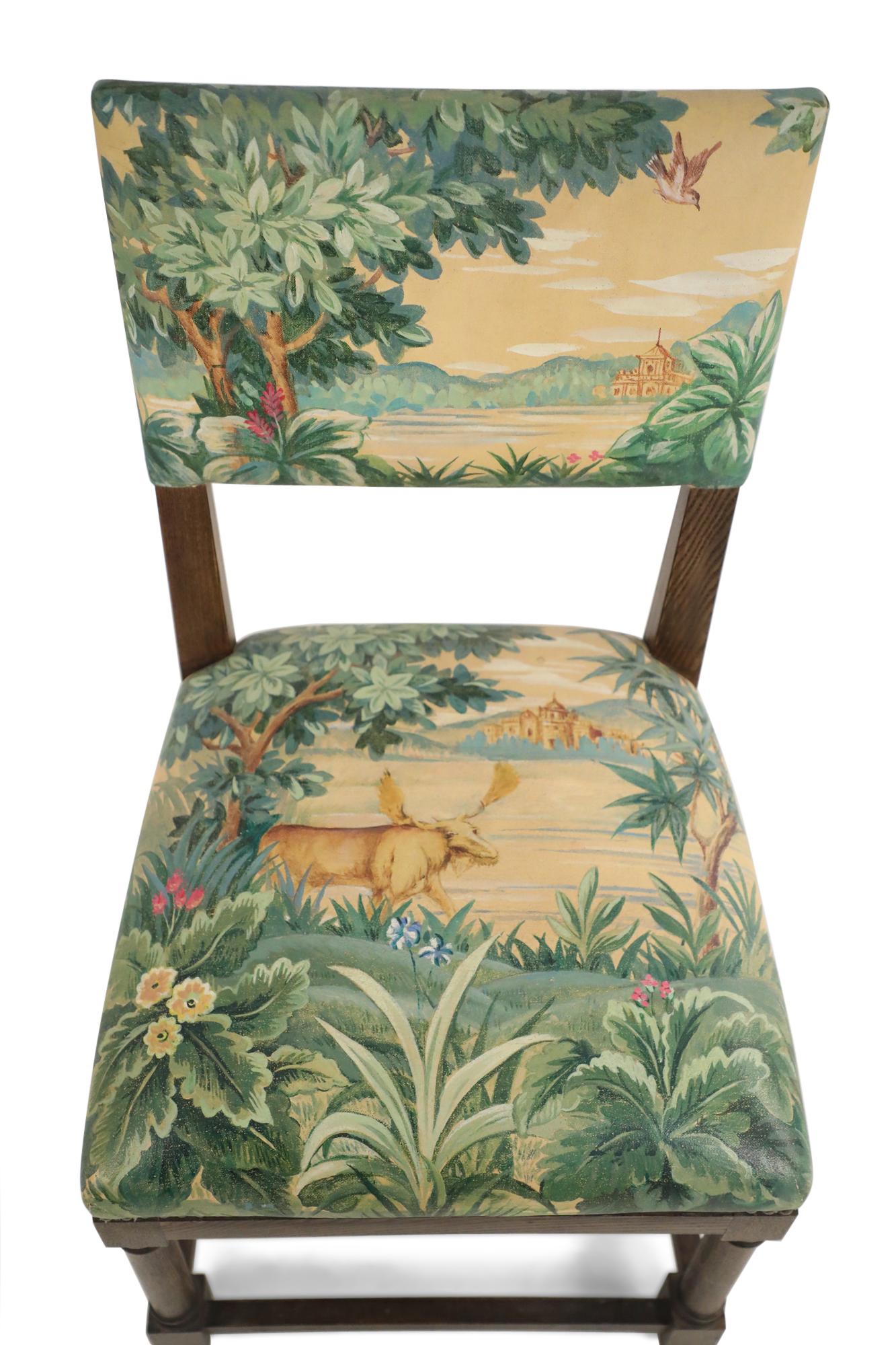 Pair of English Jacobean Style Faux Tapestry Painted Upholstery Side Chairs 4