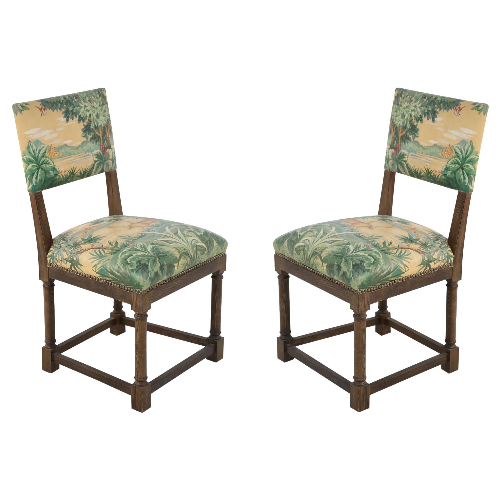 Pair of English Jacobean Style Faux Tapestry Painted Upholstery Side Chairs