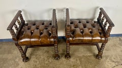 Pair of English Jacobean-Style Leather and Turned-Oak Benches