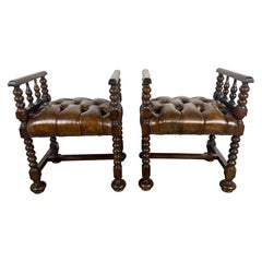 Pair of English Jacobean-Style Leather and Turned-Oak Benches