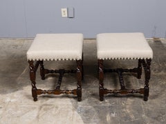 Pair of English Jacobean Style Oak Barley-Twist Upholstered Stools, circa 1880