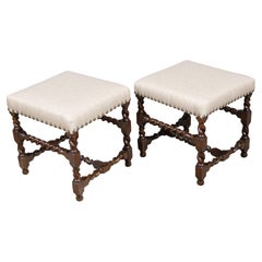 Pair of English Jacobean Style Oak Barley-Twist Upholstered Stools, circa 1880