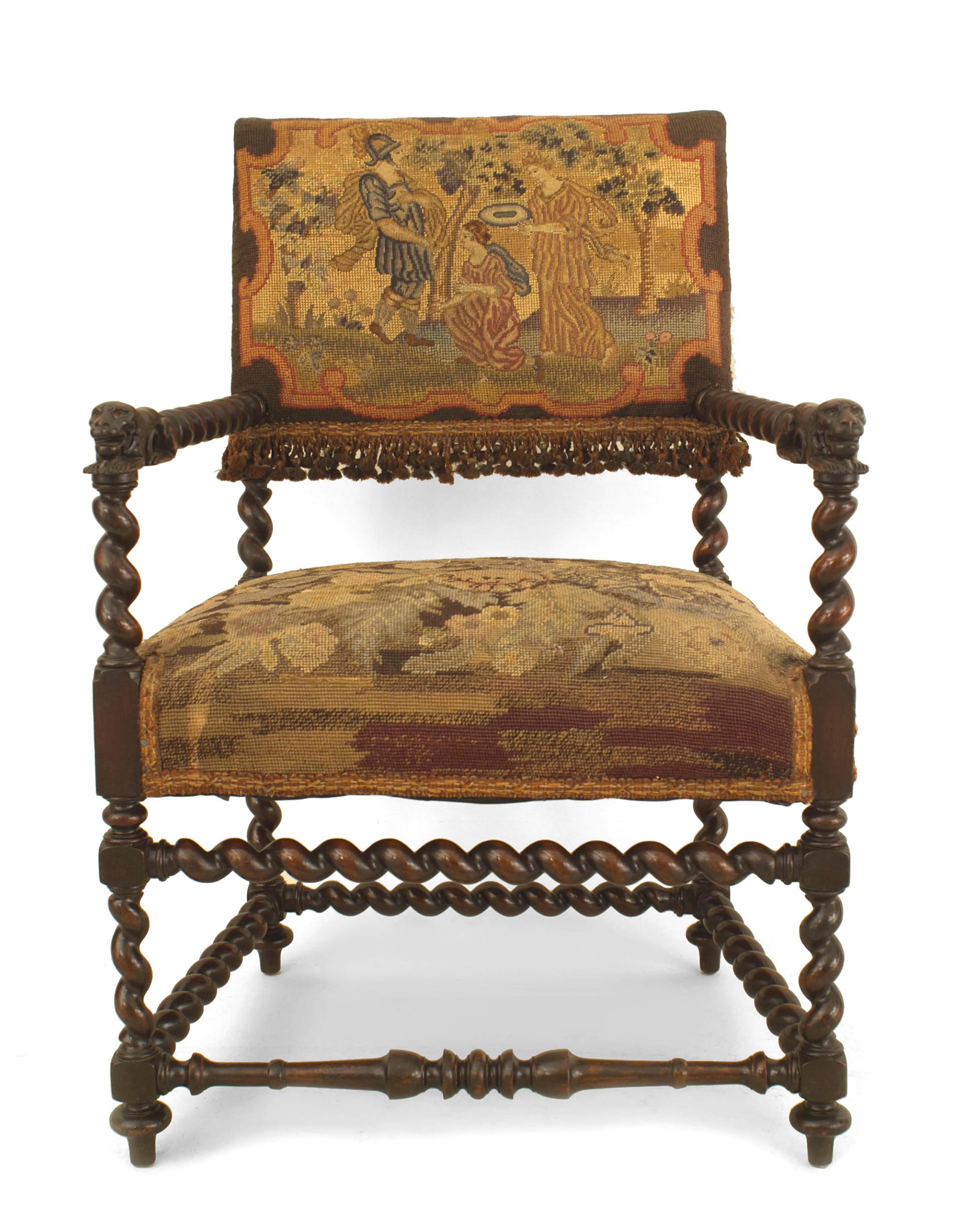 Pair of English Jacobean Style Swirl Design Walnut Armchairs In Good Condition In New York, NY