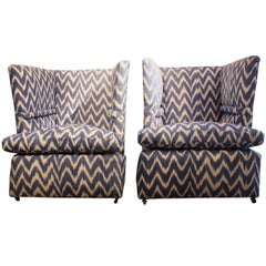 Antique Pair of English Knowle Armchairs in Ikat Fabric