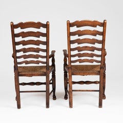 Pair of English Lancashire Ladderback Oak Armchairs with Original Rush Seats