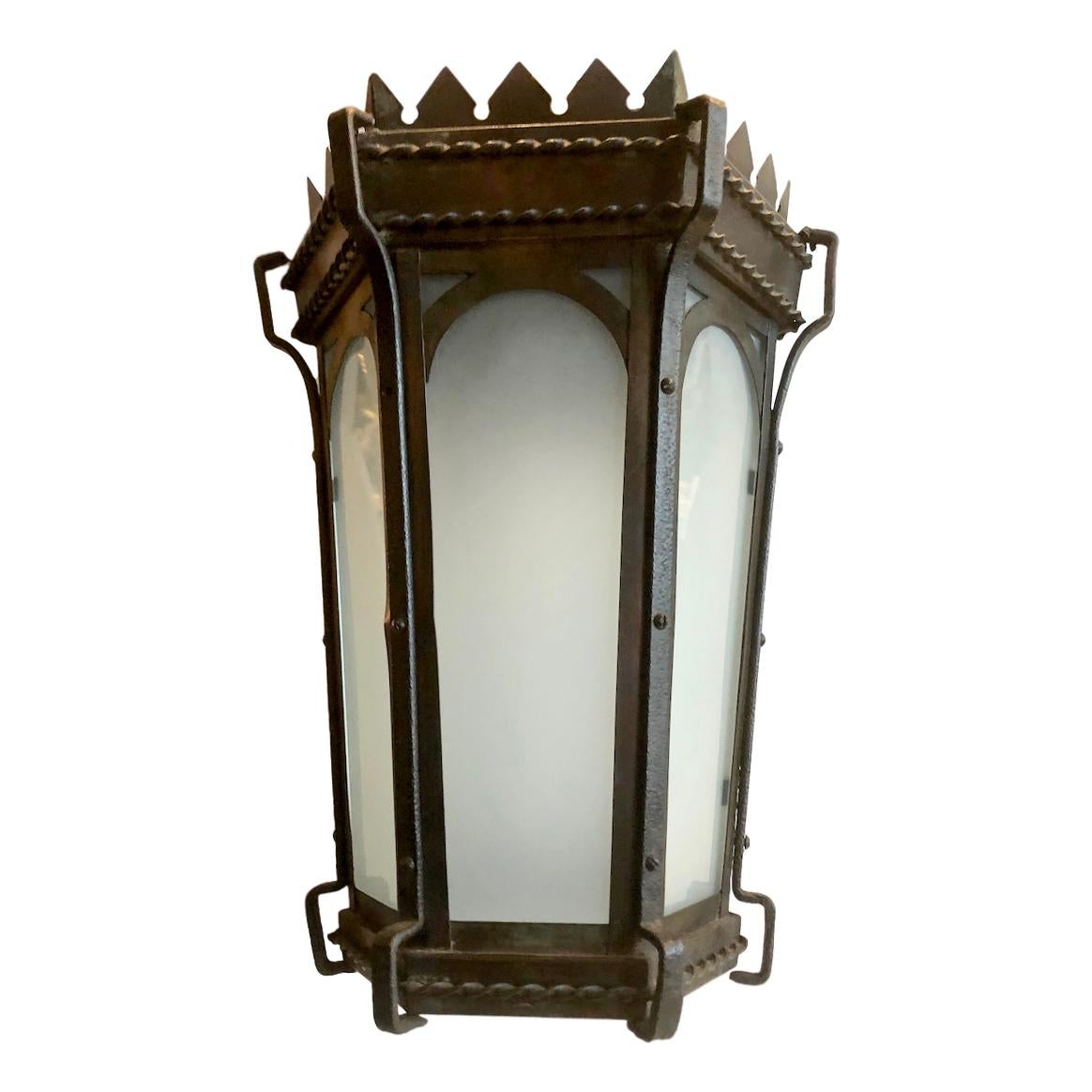 A circa 1920s English lantern with glass insets and original patina.

Measurements:
Minimum drop 21