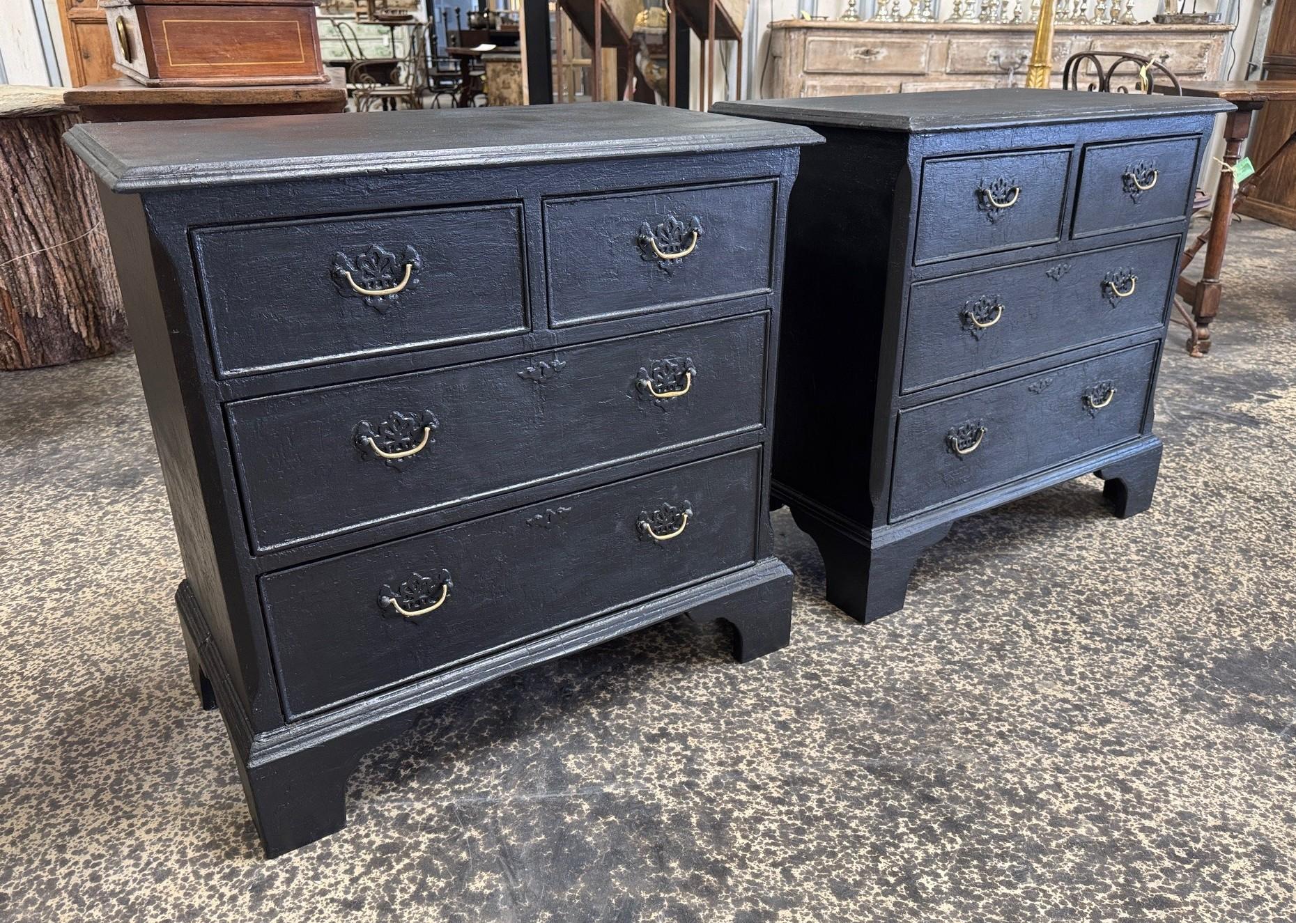 A lovely pair of later 19th century English Side Chests.  Beautifully constructed from painted wood each with 2 short drawers and 2 long drawers raised on bracket feet.  Perfect as bedside cabinets.