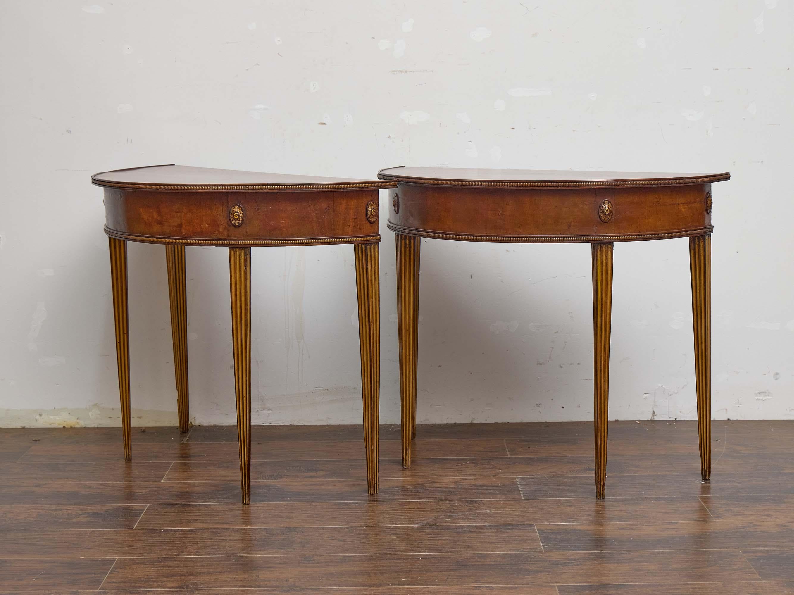 Carved Pair of English Late Georgian Mahogany Demi-Lune Console Tables, circa 1800 For Sale