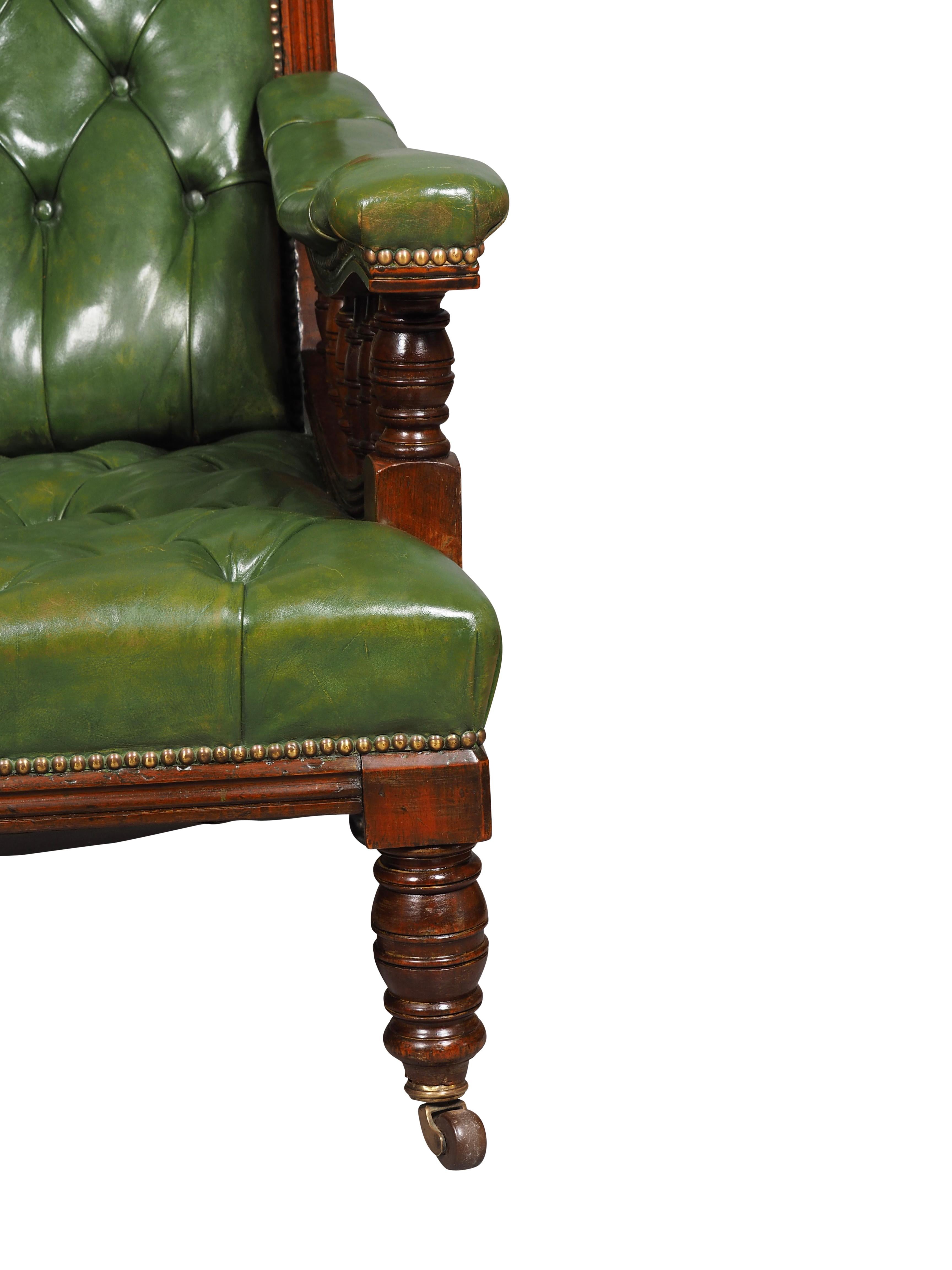 Pair Of English Late Victorian Green Tufted Leather Mahogany Armchairs For Sale 6