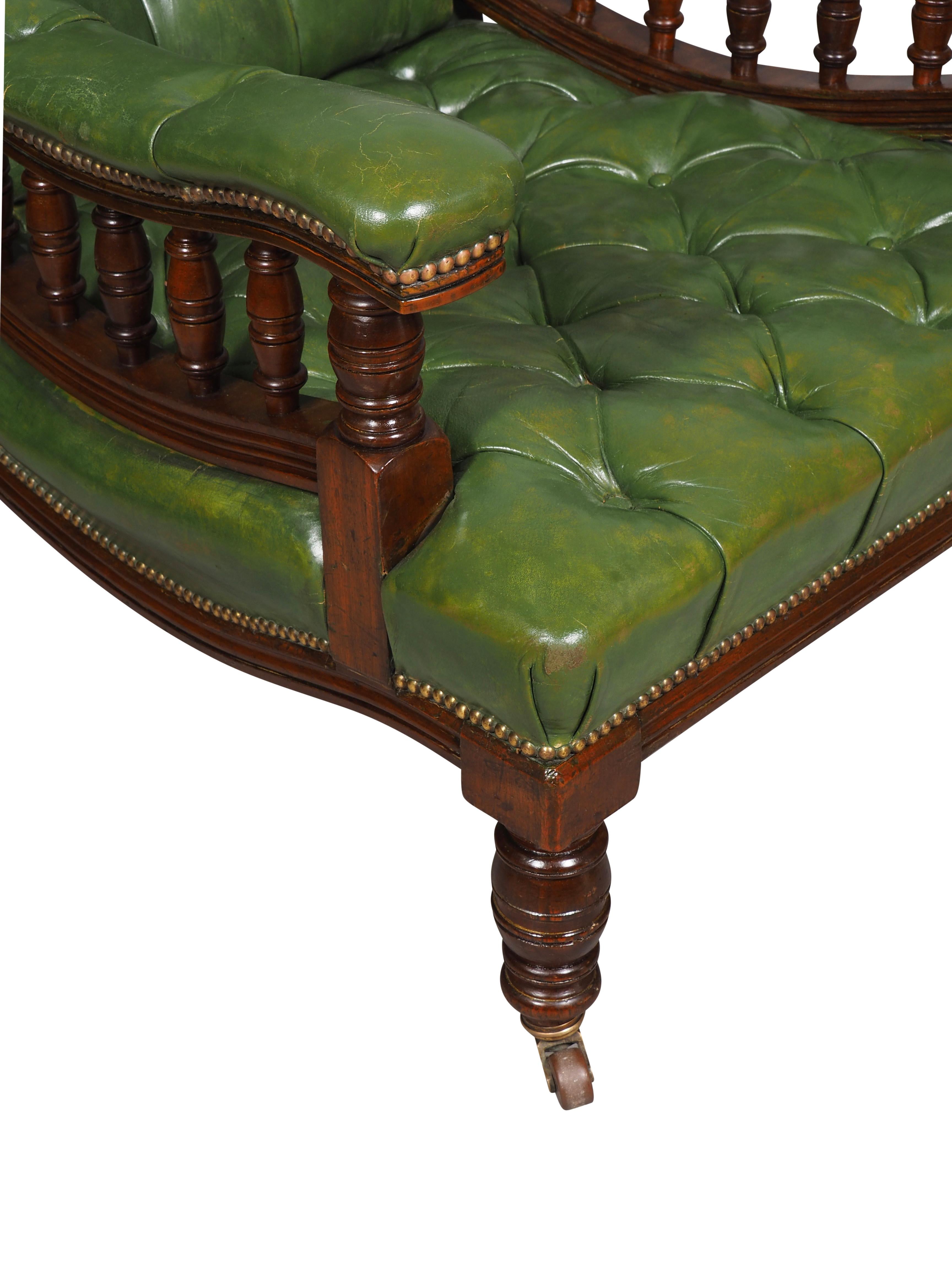 Pair Of English Late Victorian Green Tufted Leather Mahogany Armchairs For Sale 7
