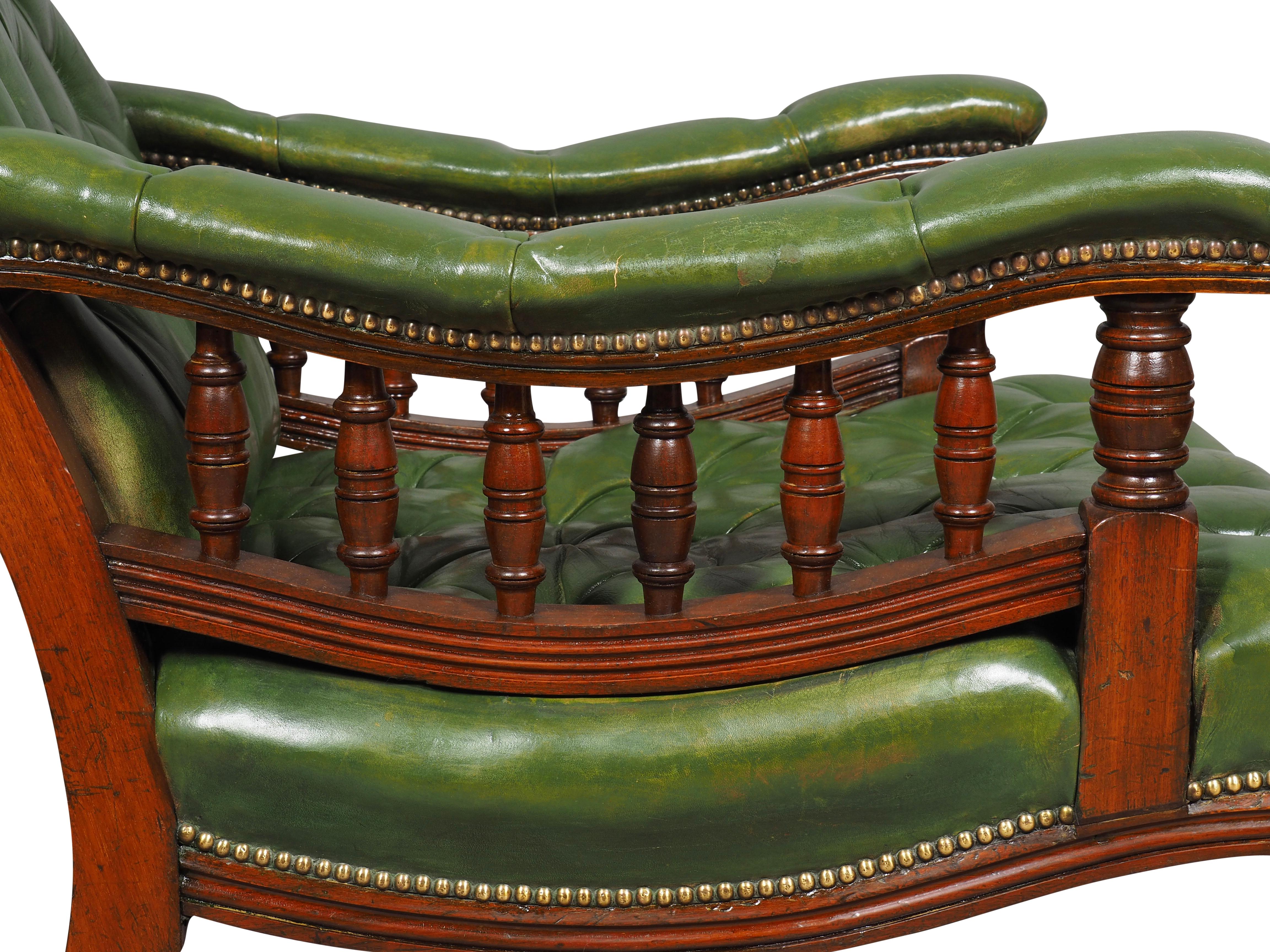 Pair Of English Late Victorian Green Tufted Leather Mahogany Armchairs For Sale 8