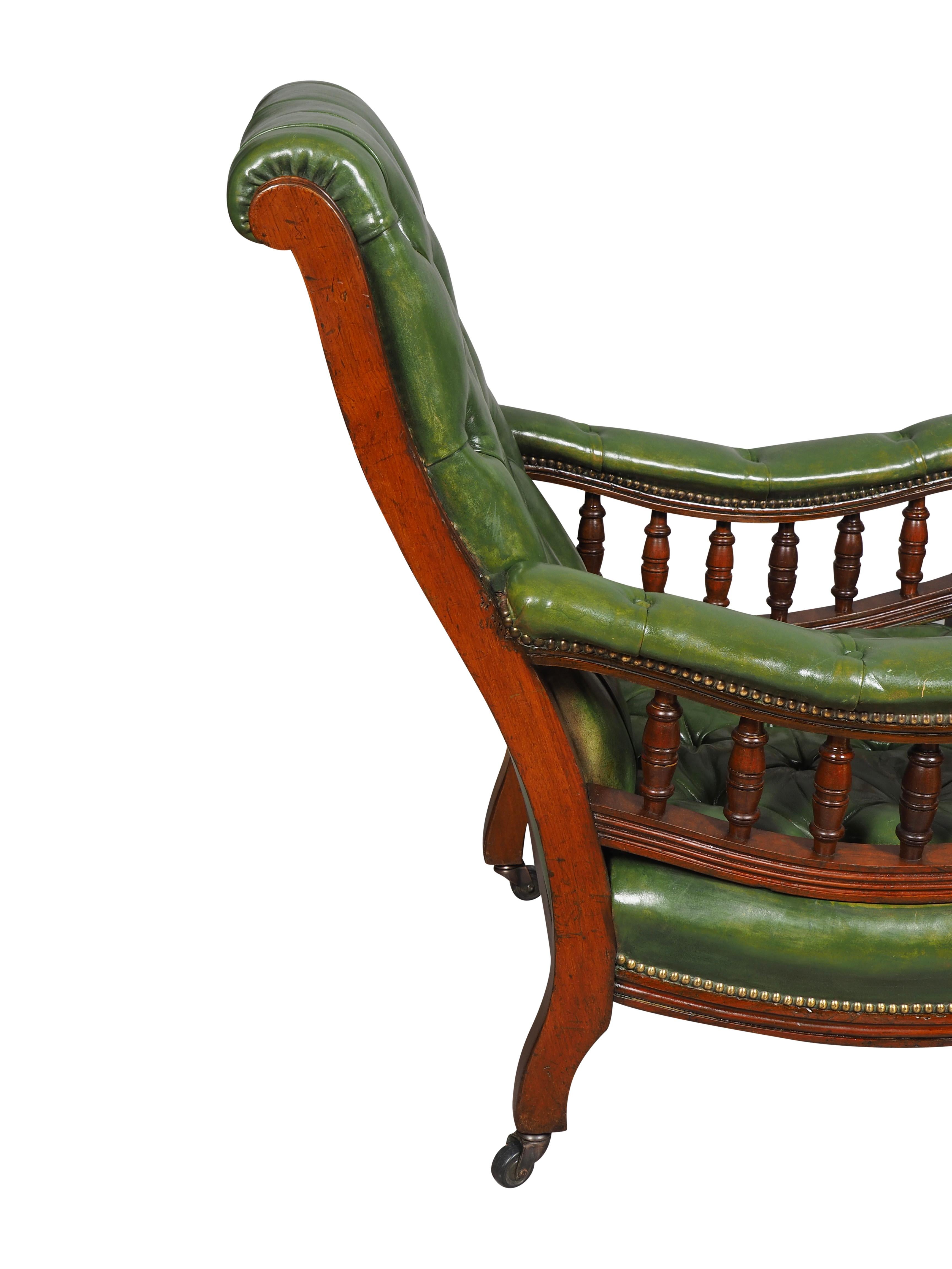 Pair Of English Late Victorian Green Tufted Leather Mahogany Armchairs For Sale 9