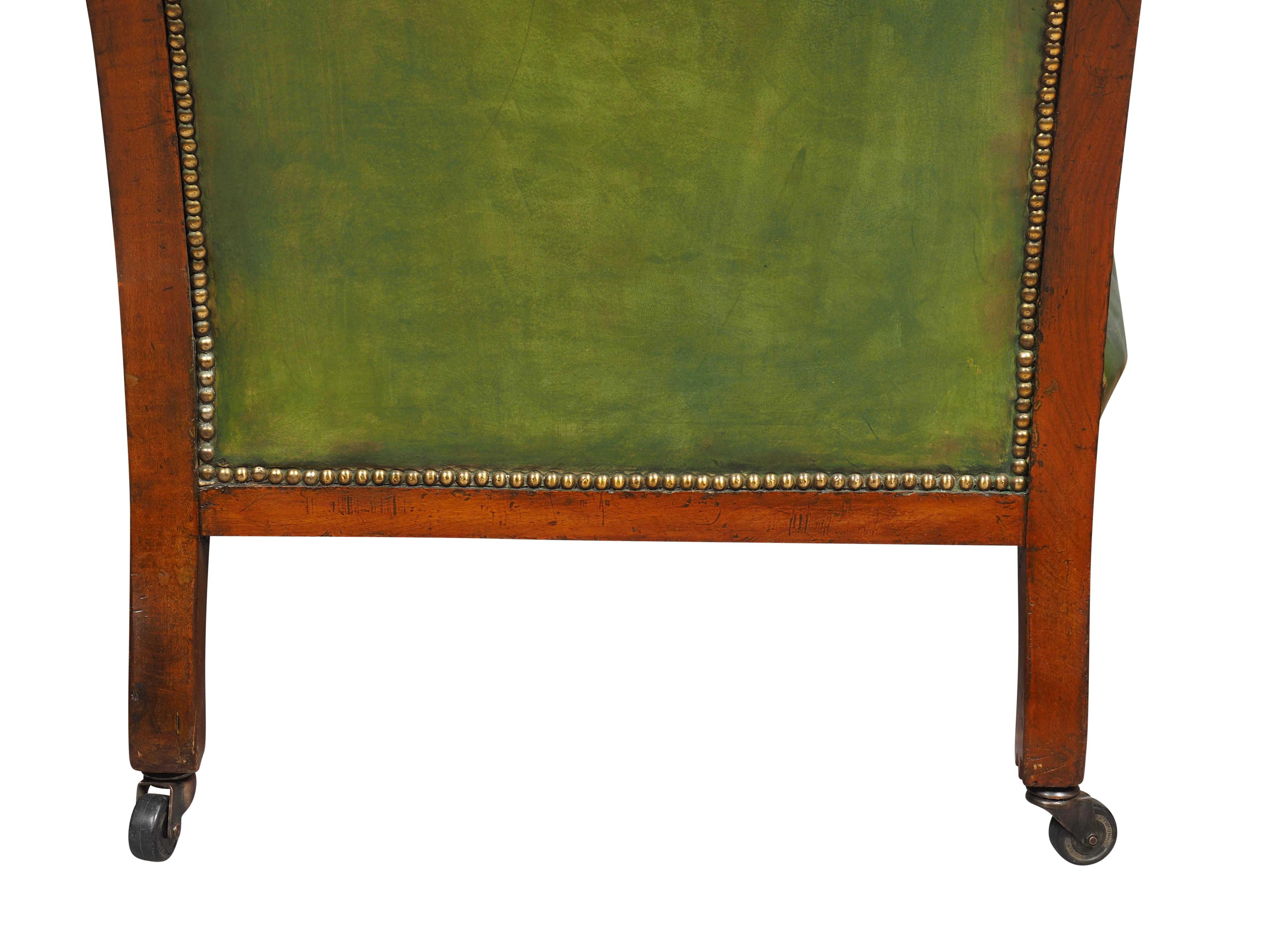 Pair Of English Late Victorian Green Tufted Leather Mahogany Armchairs For Sale 10