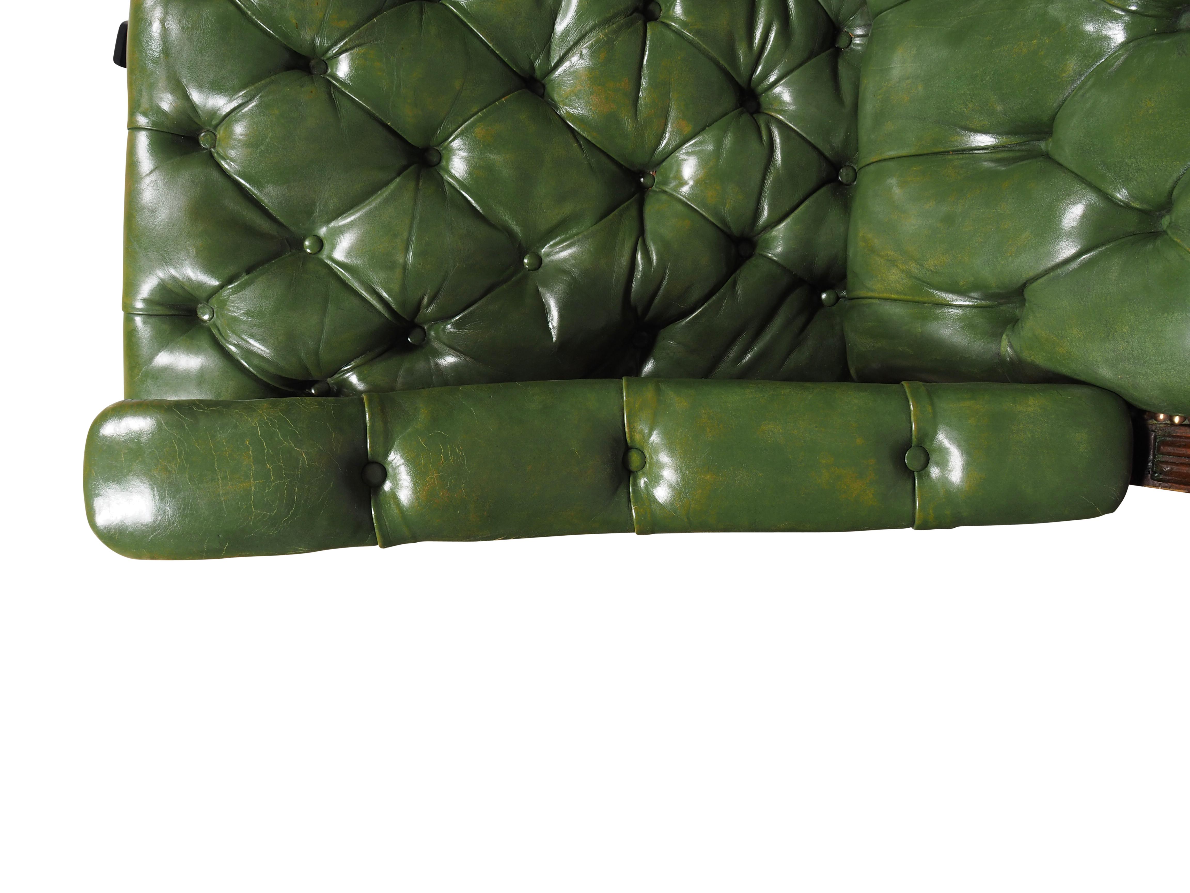 Pair Of English Late Victorian Green Tufted Leather Mahogany Armchairs For Sale 11
