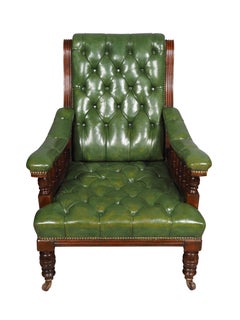 Pair Of English Late Victorian Green Tufted Leather Mahogany Armchairs