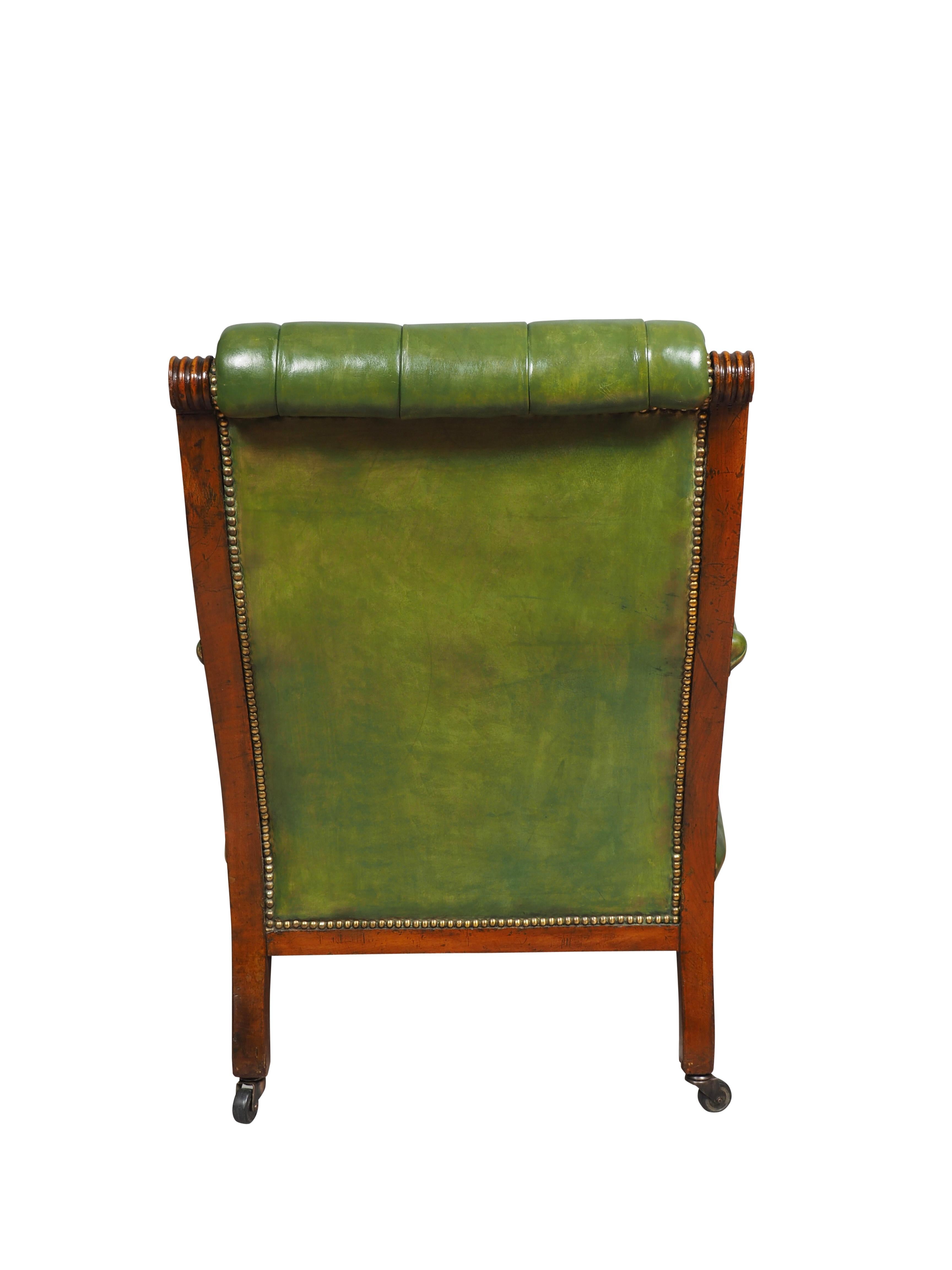Pair Of English Late Victorian Green Tufted Leather Mahogany Armchairs For Sale 2