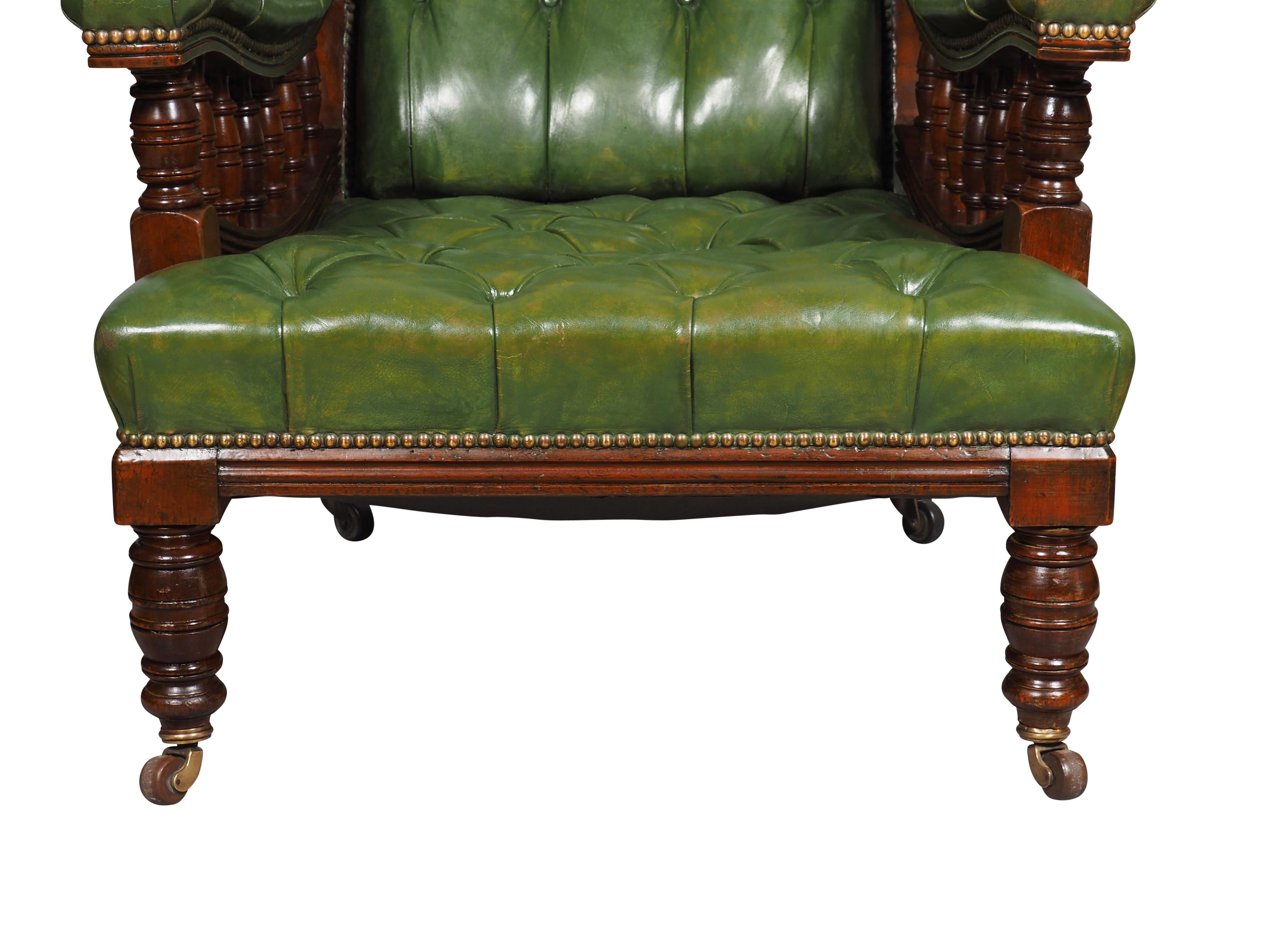 Pair Of English Late Victorian Green Tufted Leather Mahogany Armchairs For Sale 4