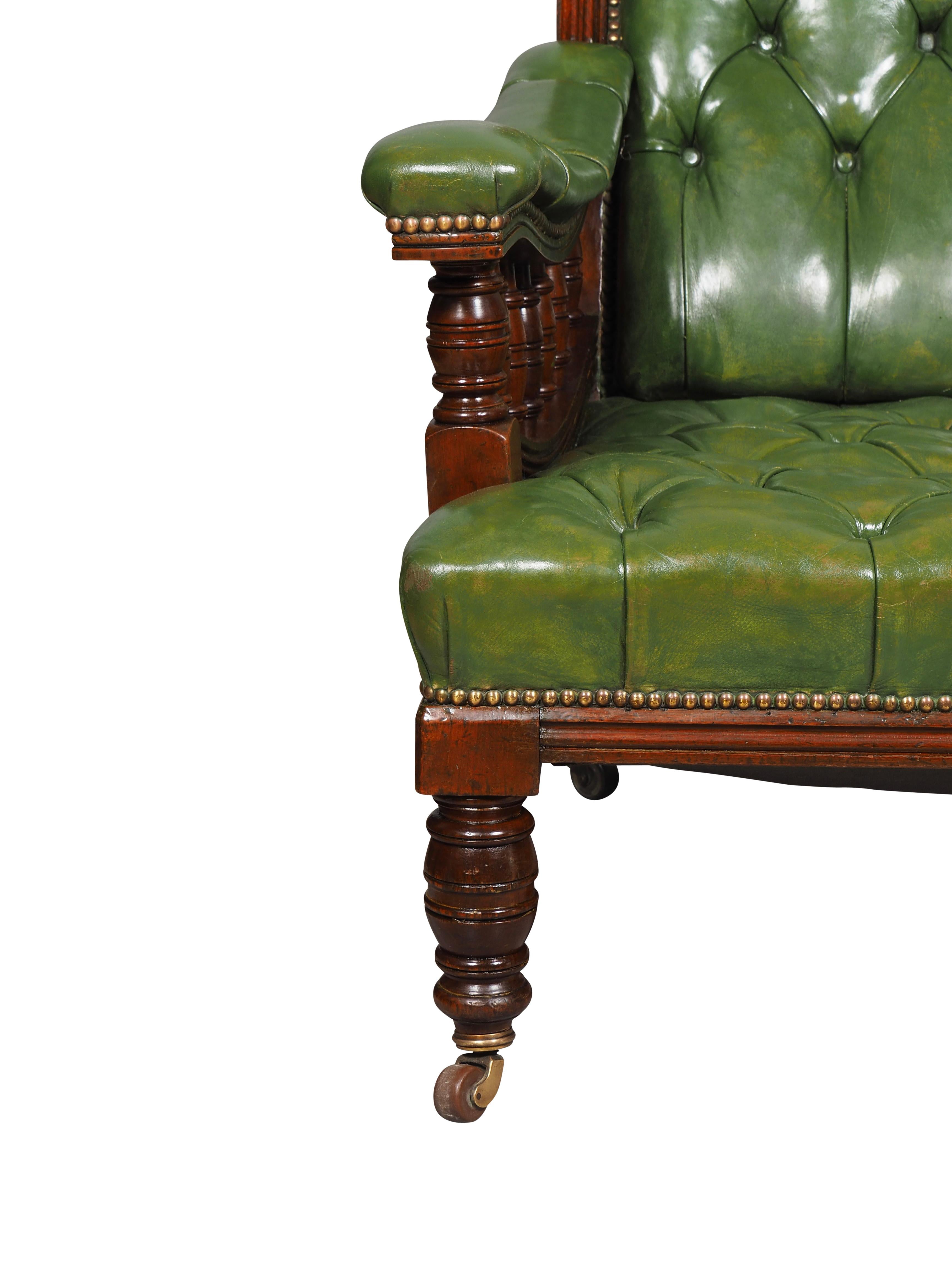 Pair Of English Late Victorian Green Tufted Leather Mahogany Armchairs For Sale 5