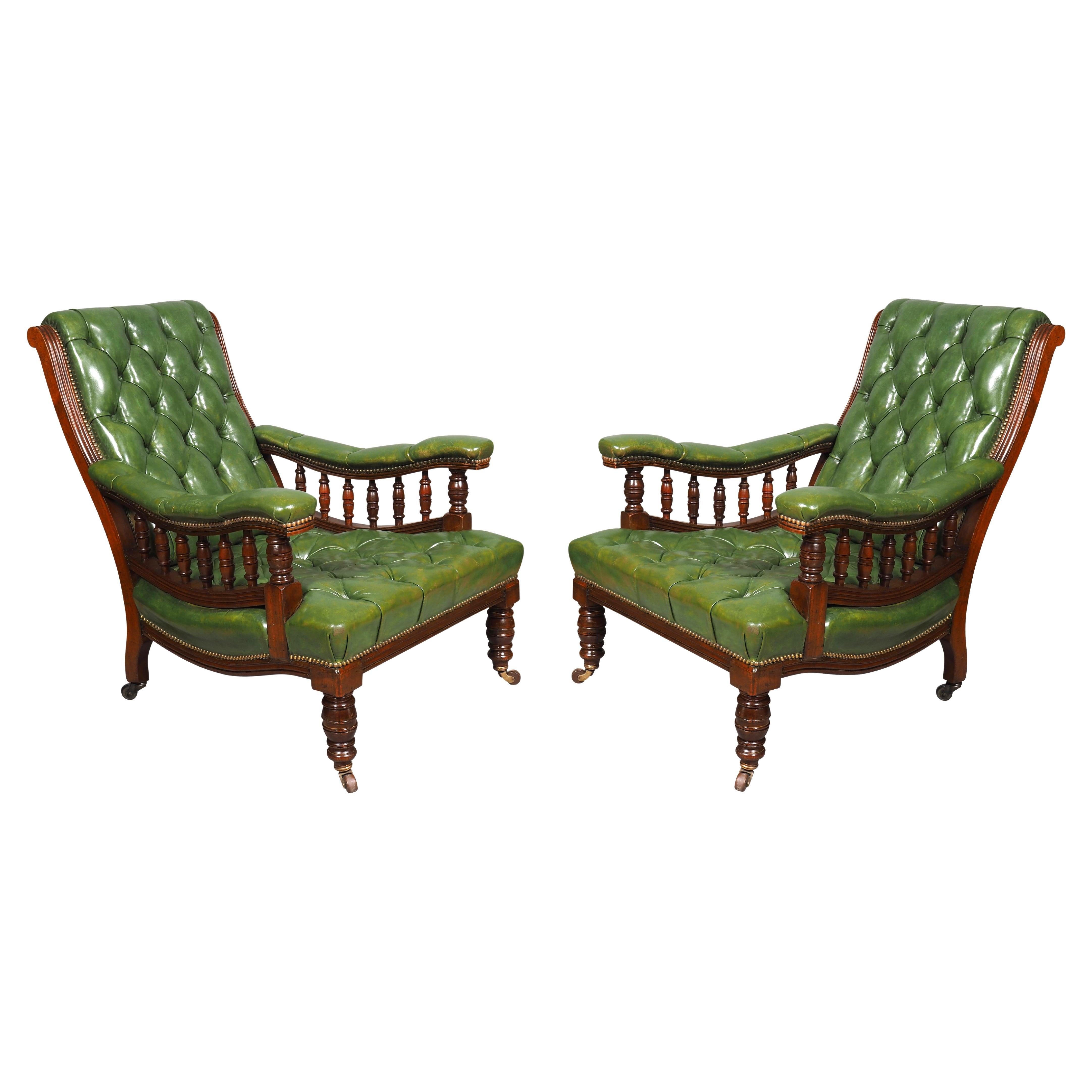 Pair Of English Late Victorian Green Tufted Leather Mahogany Armchairs For Sale
