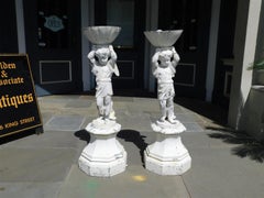 Pair of English Lead Painted Figural Winged Cherub Bird Bath Statuary, C. 1870