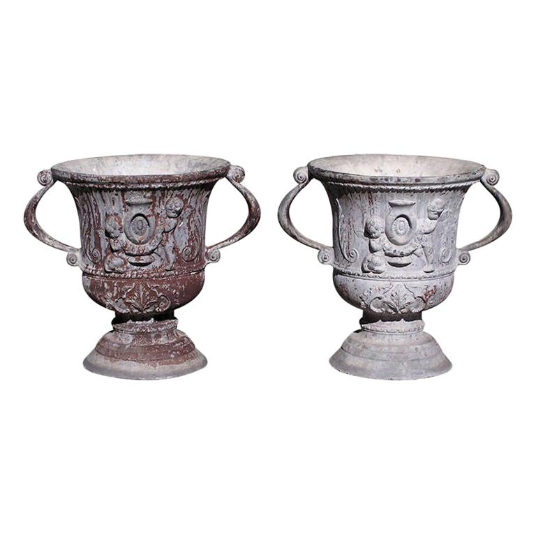 Pair of English Lead Poly Chromed Garden Urns with Flanking Handles, Circa 1820