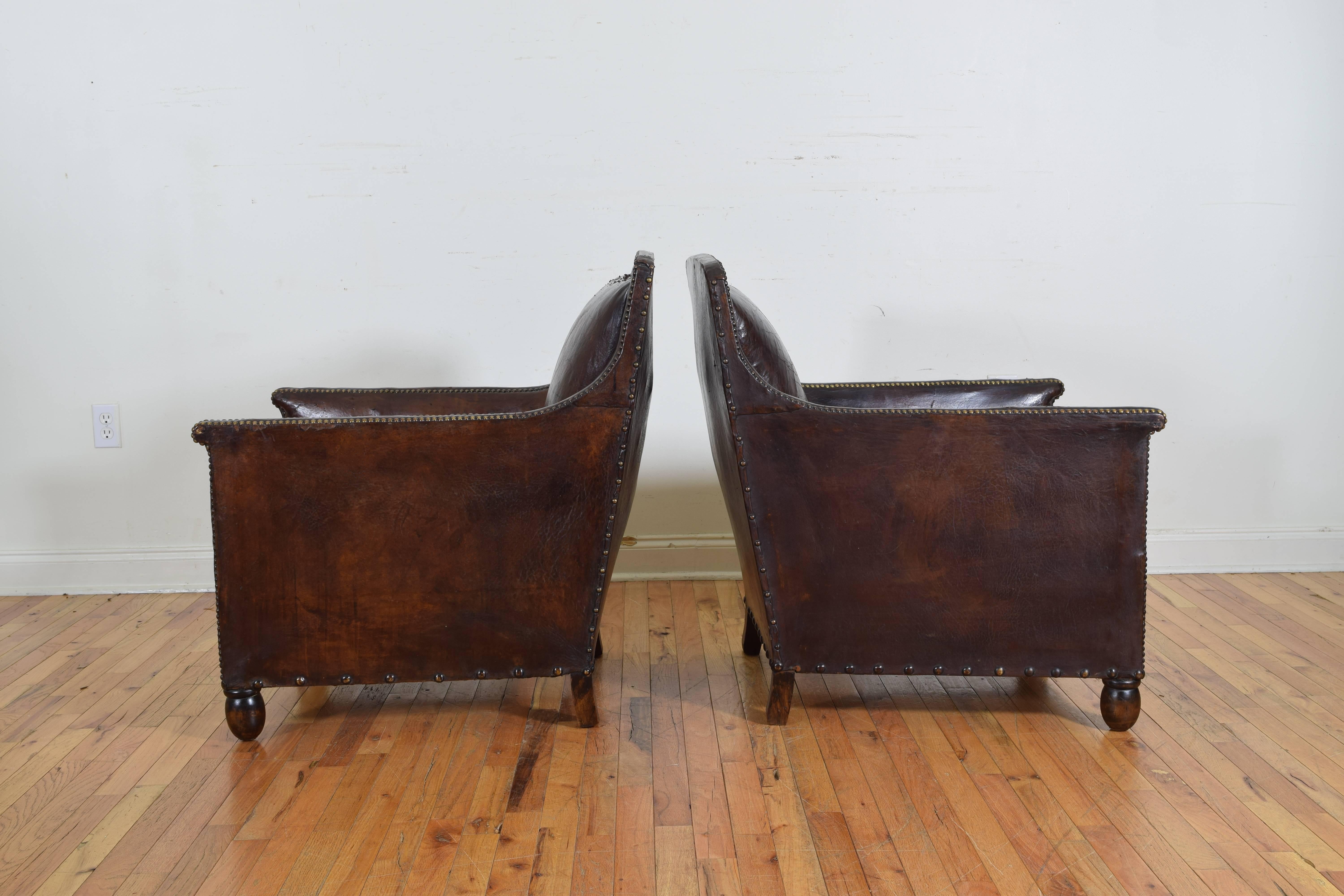 British Pair of English Leather and Velvet Upholstered Club Chairs, circa 1910