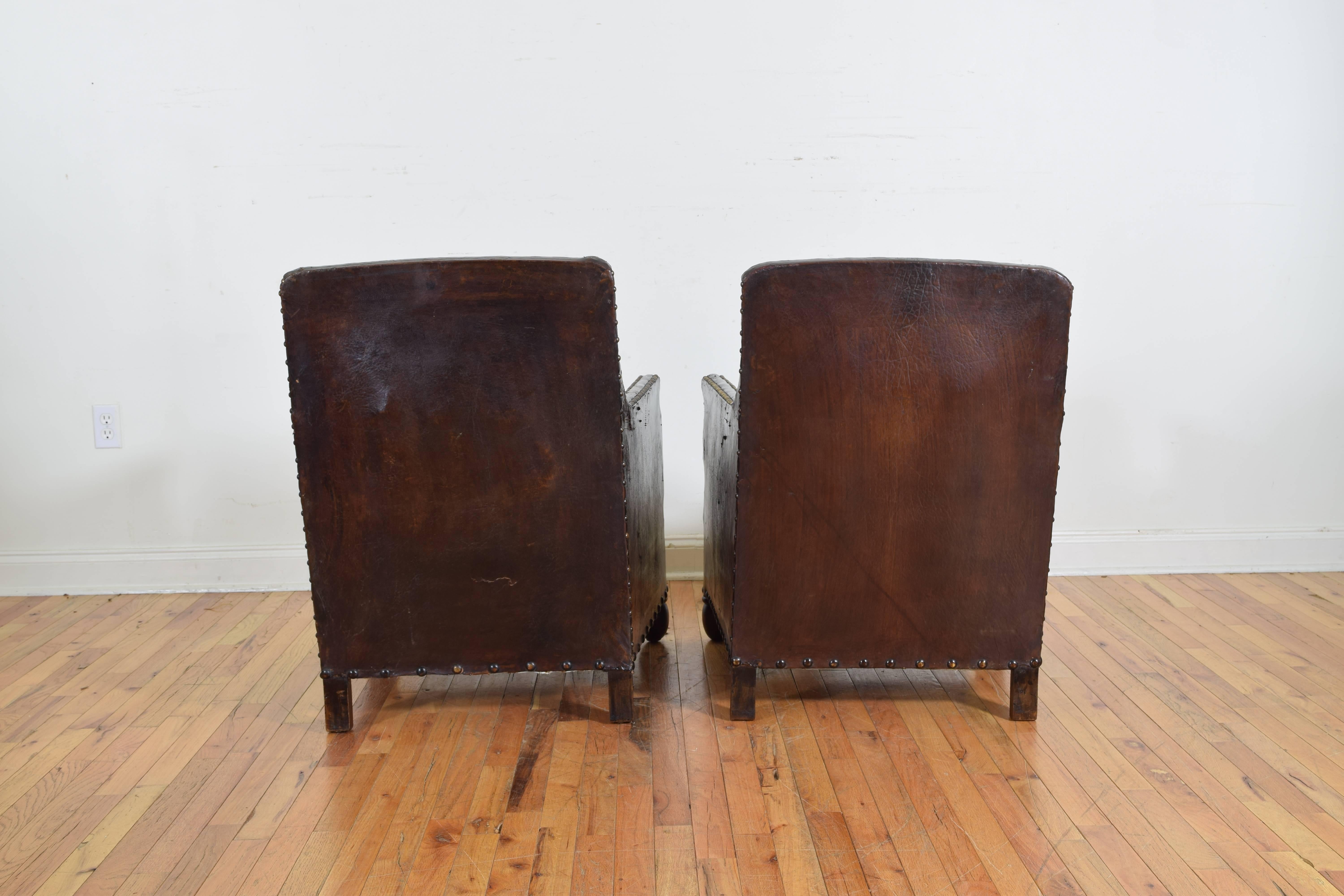 Pair of English Leather and Velvet Upholstered Club Chairs, circa 1910 In Good Condition In Atlanta, GA