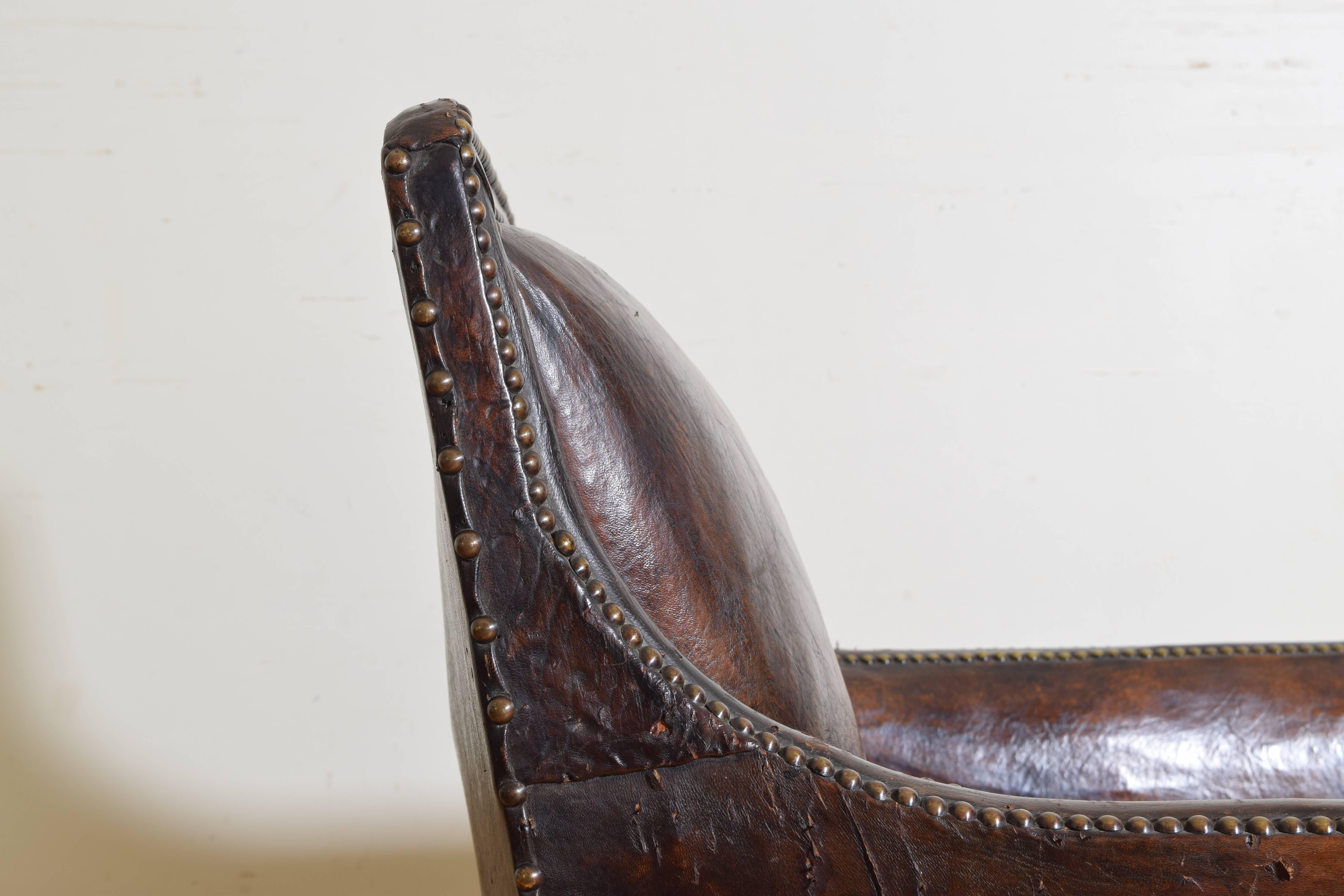 Pair of English Leather and Velvet Upholstered Club Chairs, circa 1910 1