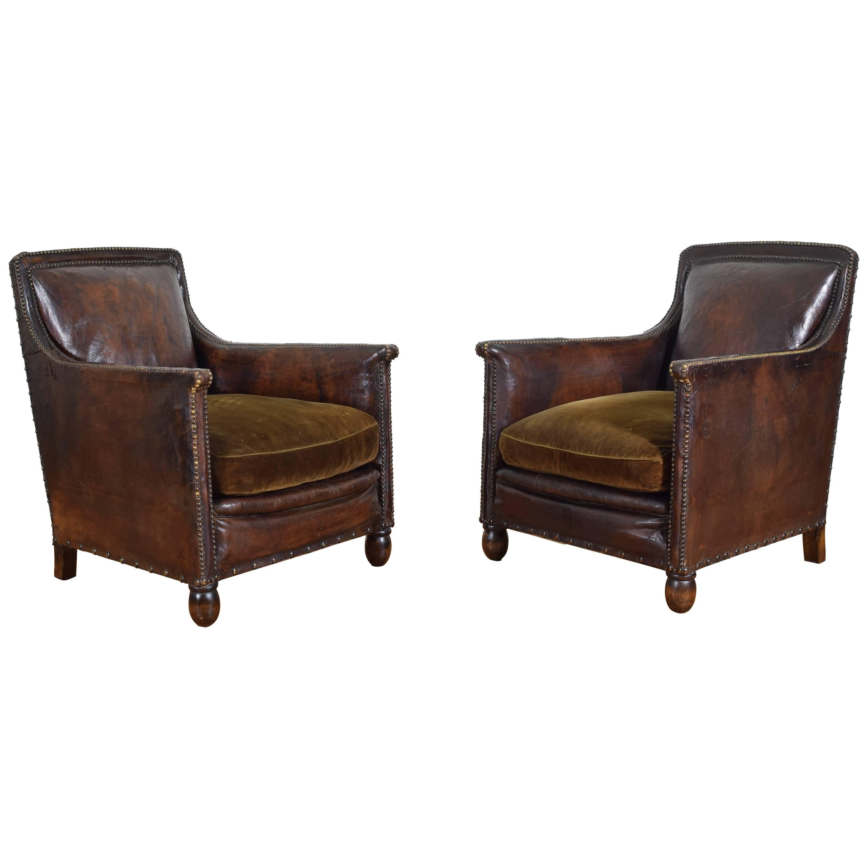 Pair of English Leather and Velvet Upholstered Club Chairs, circa 1910