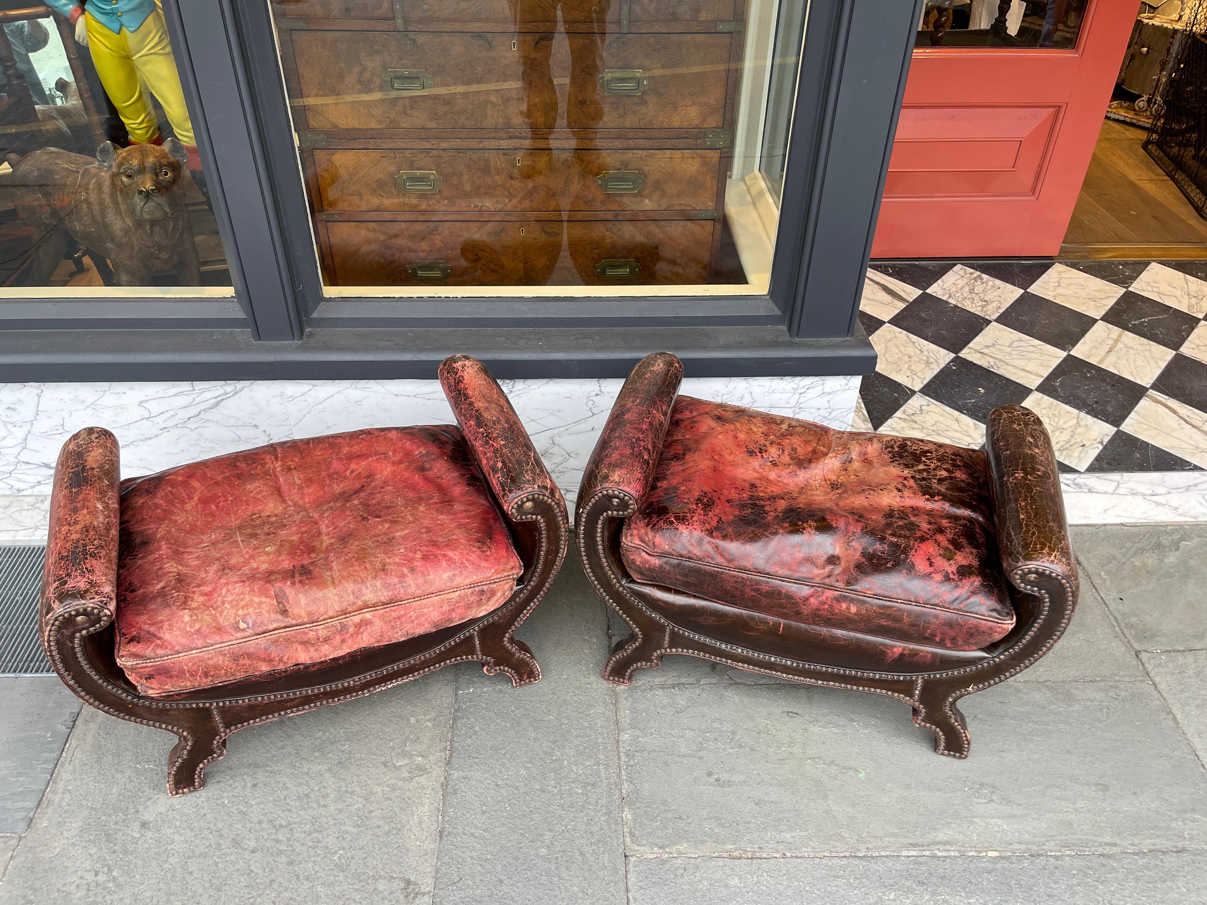 19th Century Pair of English leather benches with brass tacks late 19th century 