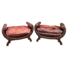 Pair of English leather benches with brass tacks late 19th century 