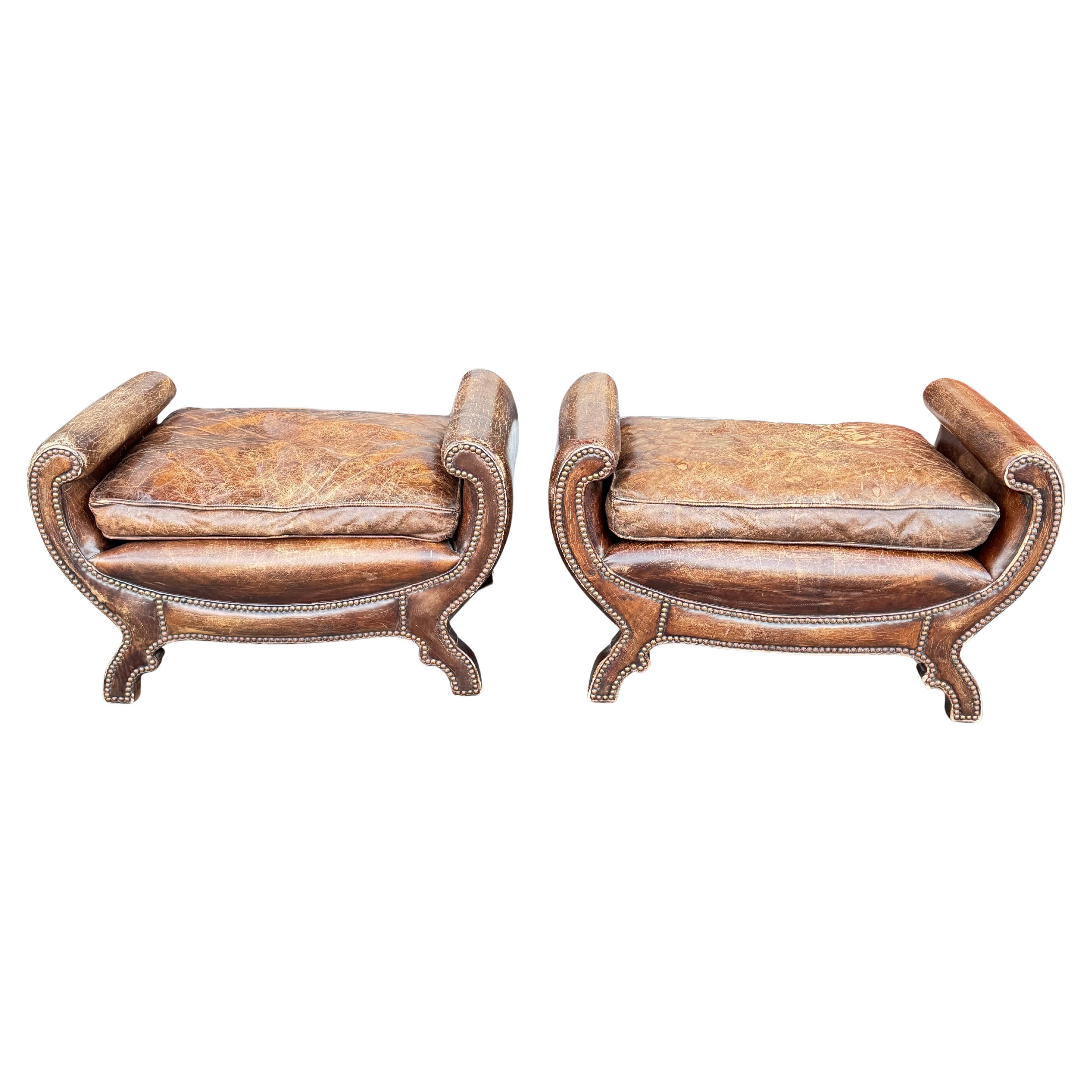 Pair of English leather benches with brass tacks late 19th century