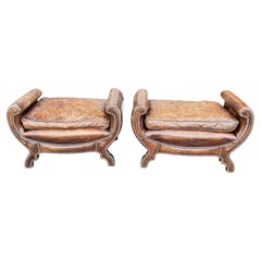 Pair of English leather benches with brass tacks late 19th century
