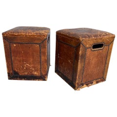 Pair of English Leather-Covered and Nail Studded Stools with Interior Storage