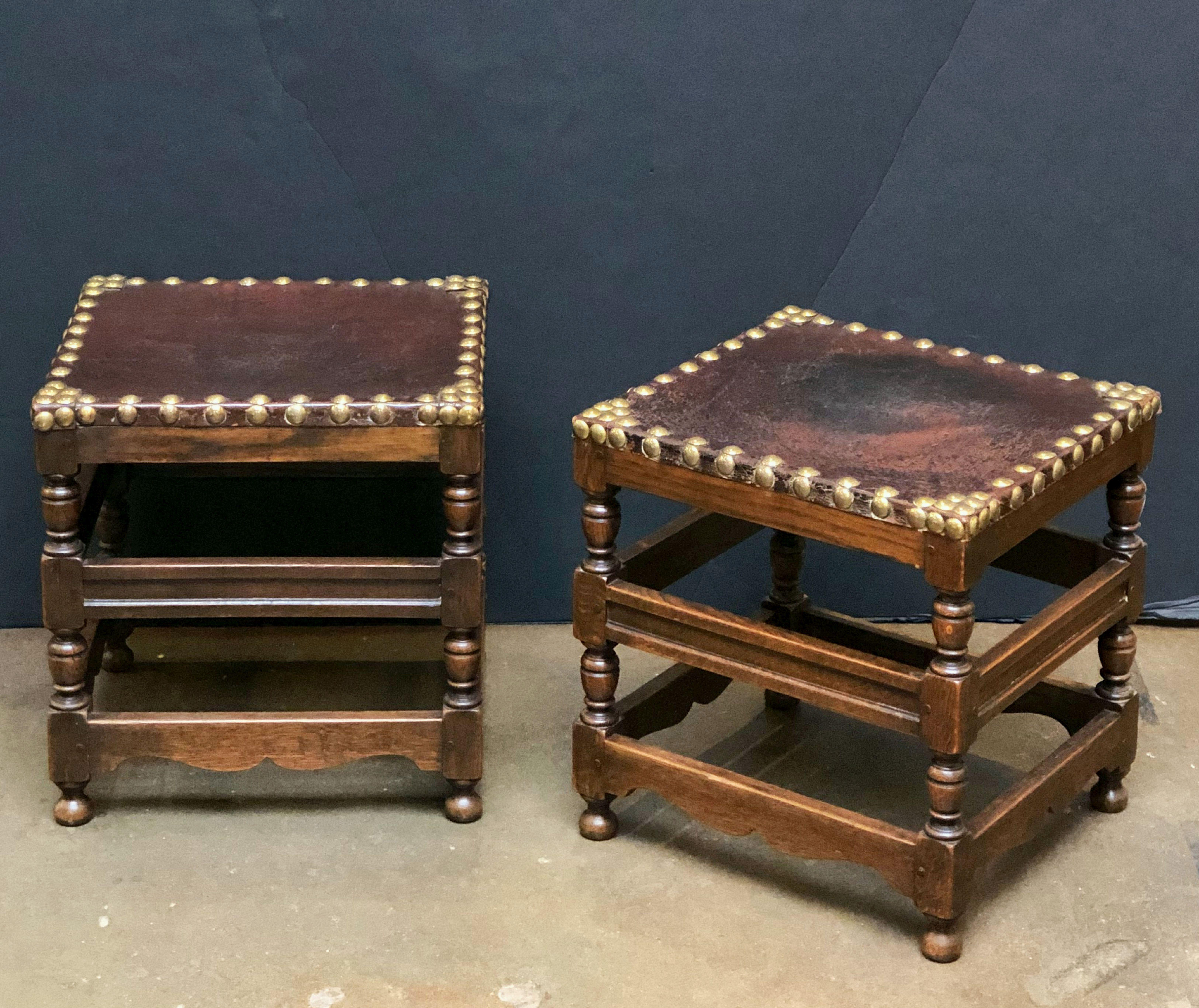 Pair of English Leather Stools on Turned Wood Frames 'Individually Priced' 7