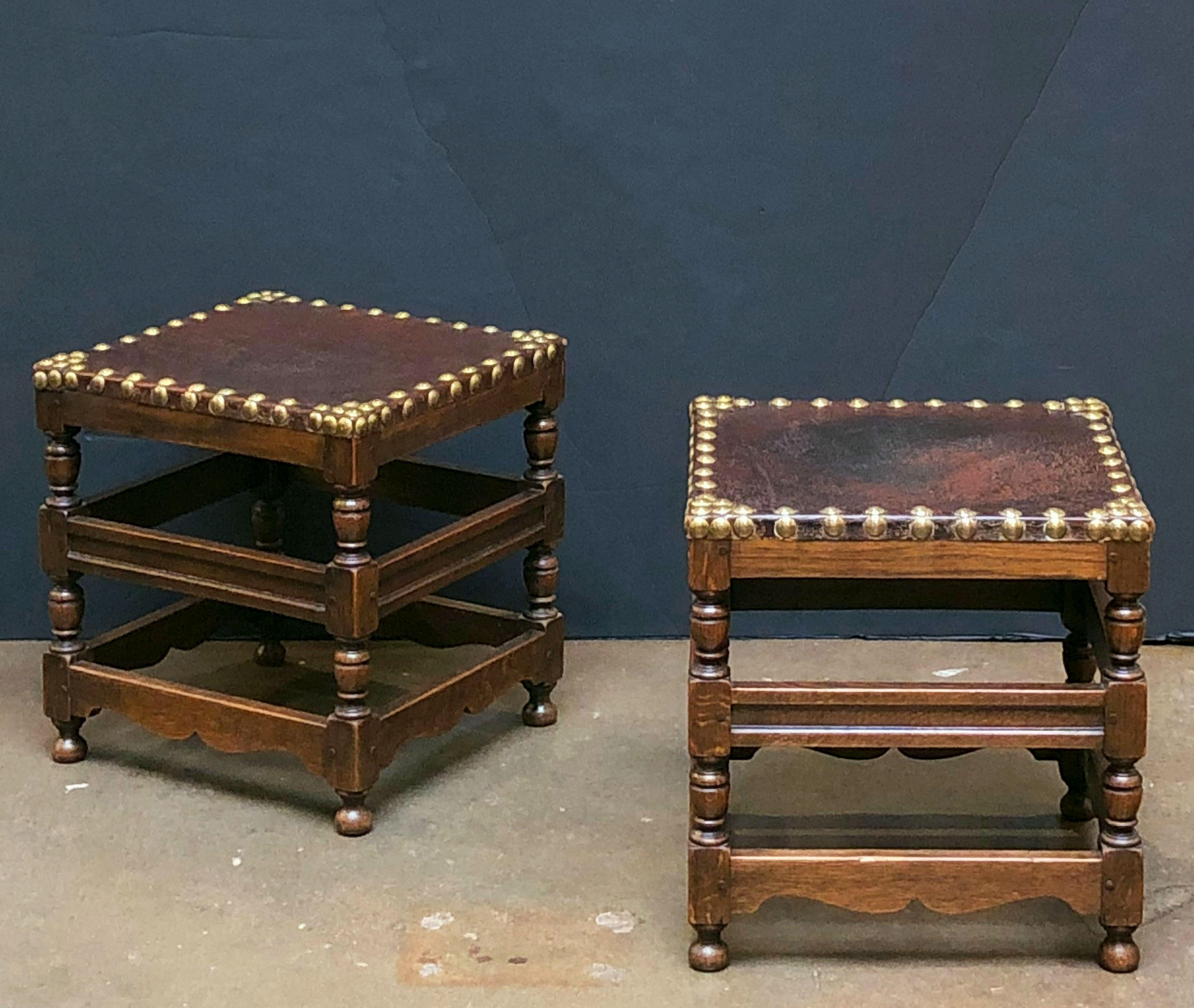 Pair of English Leather Stools on Turned Wood Frames 'Individually Priced' 8