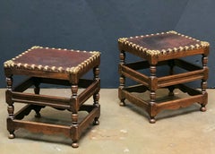 Pair of English Leather Stools on Turned Wood Frames 'Individually Priced'